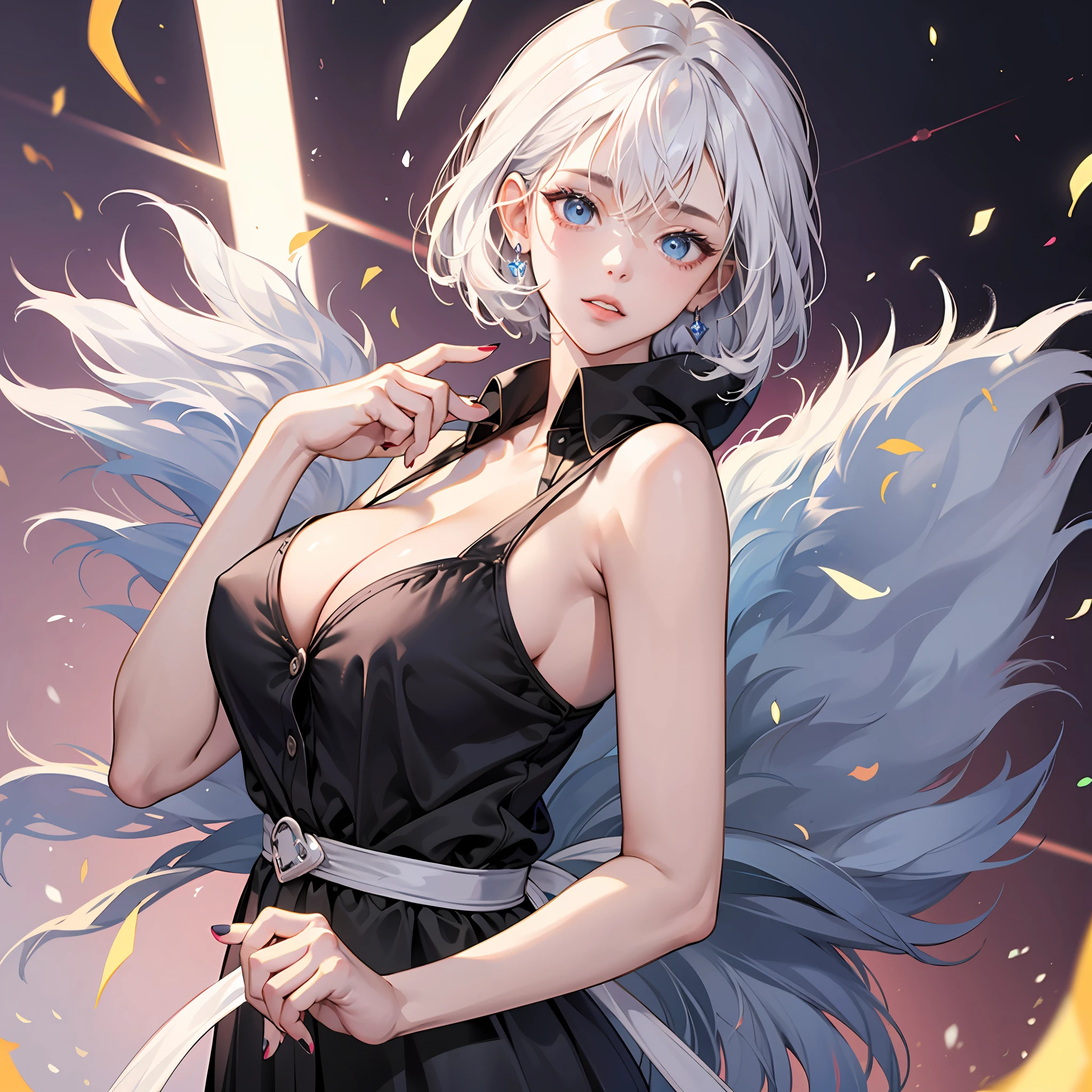 (tmasterpiece), best qualityer, 1girll, middle finger, 独奏, eBlue eyes, white color hair, short detailed hair, nedium breasts,big cleavage breasts, cparted lips, black shirt, The shirt, jewely, looking at viewert, nipple piercing, nail polish, exposed bare shoulders --auto
