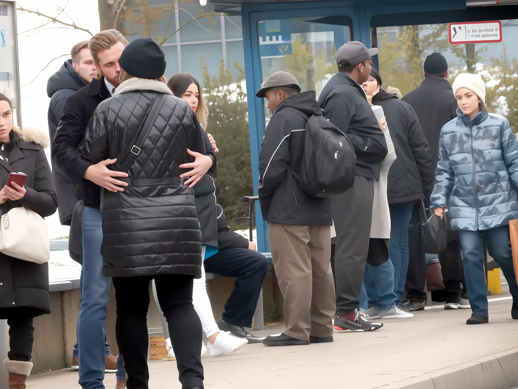 people standing on a sidewalk waiting to get on a bus, people waiting in bus stop, there is a pretty longhaired girl in a shiny black jacket seen from behind on the left side in the foreground, the girl in the shiny black jacket is hugging and kissing her very attractiv shorthaired boyfriend who is wearing a matte blue jeans and a matte dark cotton shirt, there is a girl fro behind with long hair and a high-shine wetlook laquered down-jacket, , a photo