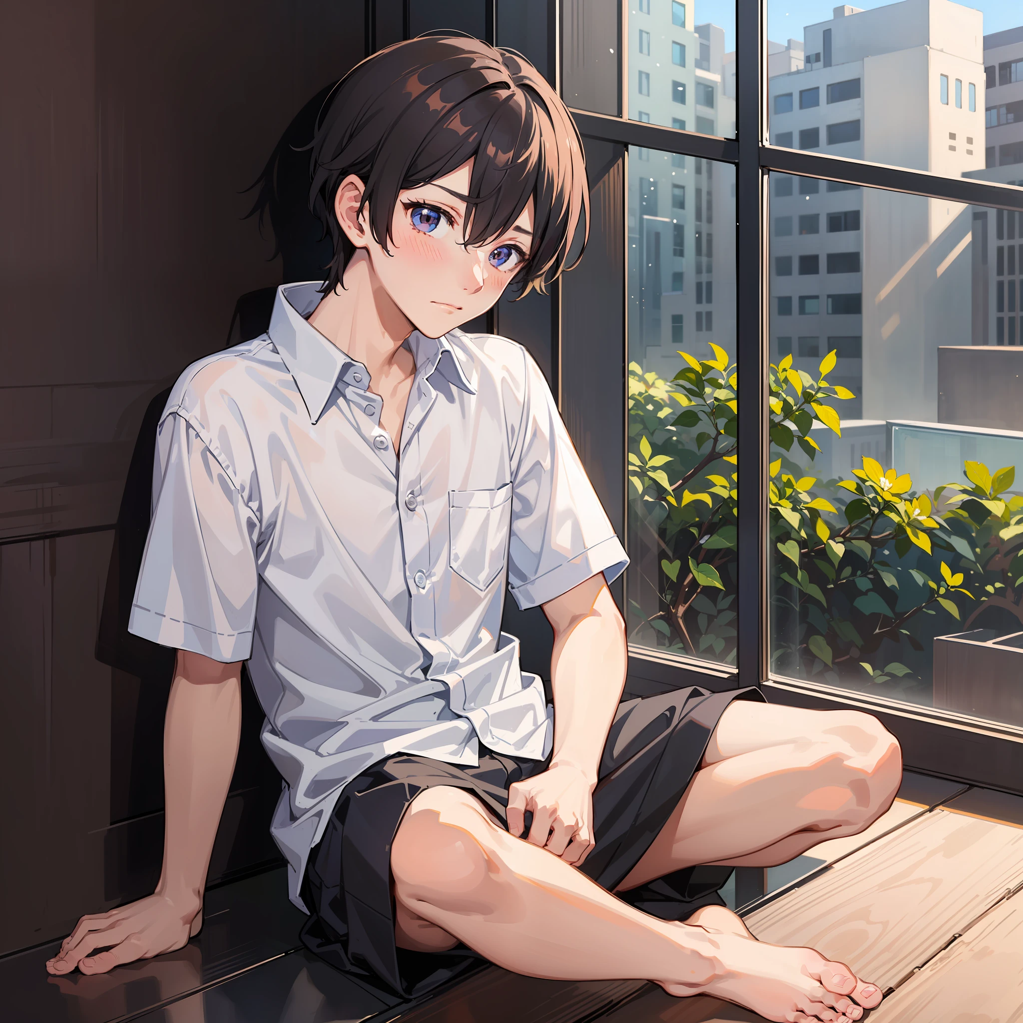 ((A boy))，adorable captivating，in a white shirt，He looked sad，Barefoot，sat on the ground。The blush gradually rises，Shy, But handsome。The picture style is fresh and simple，Rendered like a comic，The lens is shown as a vista，（Anime style+Soft cute），Anatomically correct，Accurate