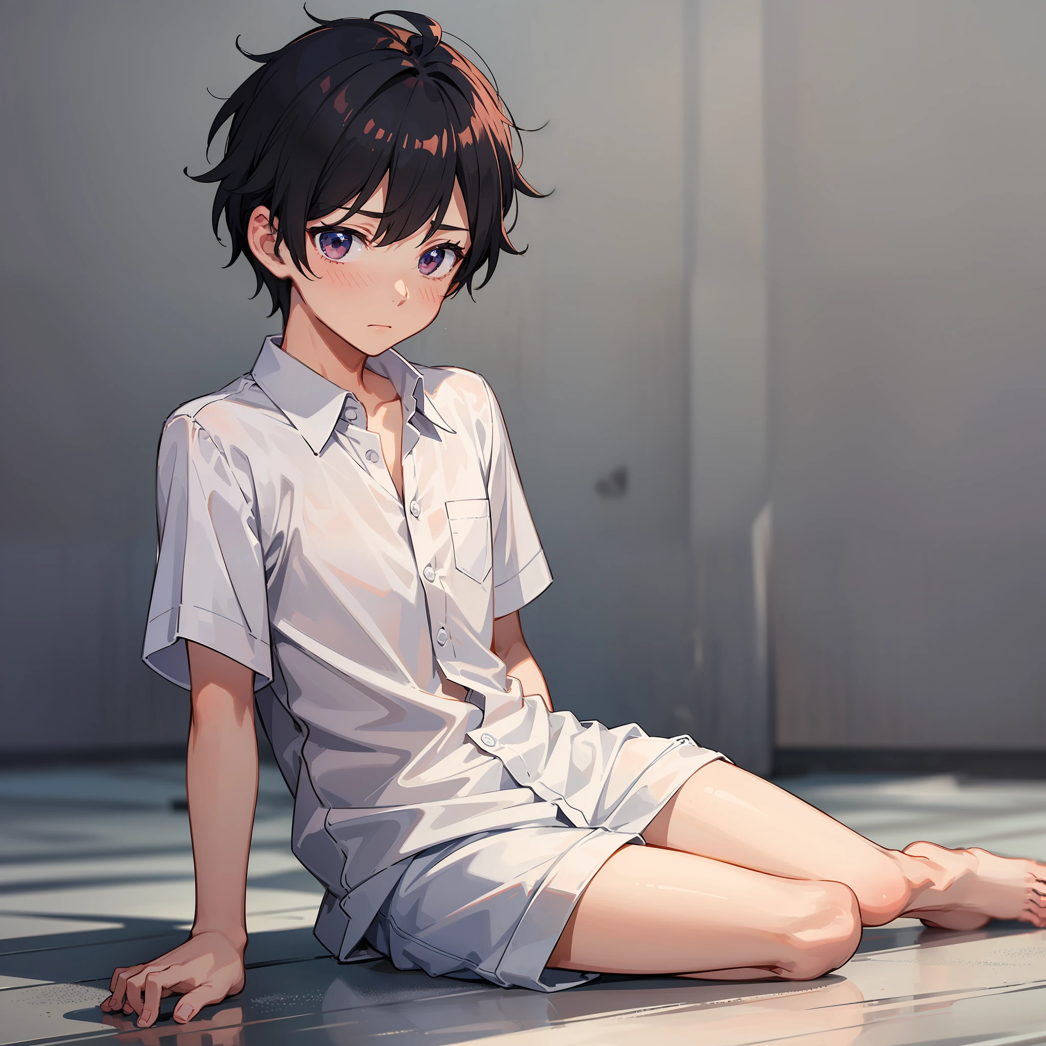 ((A boy))，adorable captivating，in a white shirt，He looked sad，Barefoot，sat on the ground。The blush gradually rises，Shy, But handsome。The picture style is fresh and simple，Rendered like a comic，The lens is shown as a vista，（Anime style+Soft cute），Anatomically correct，Accurate