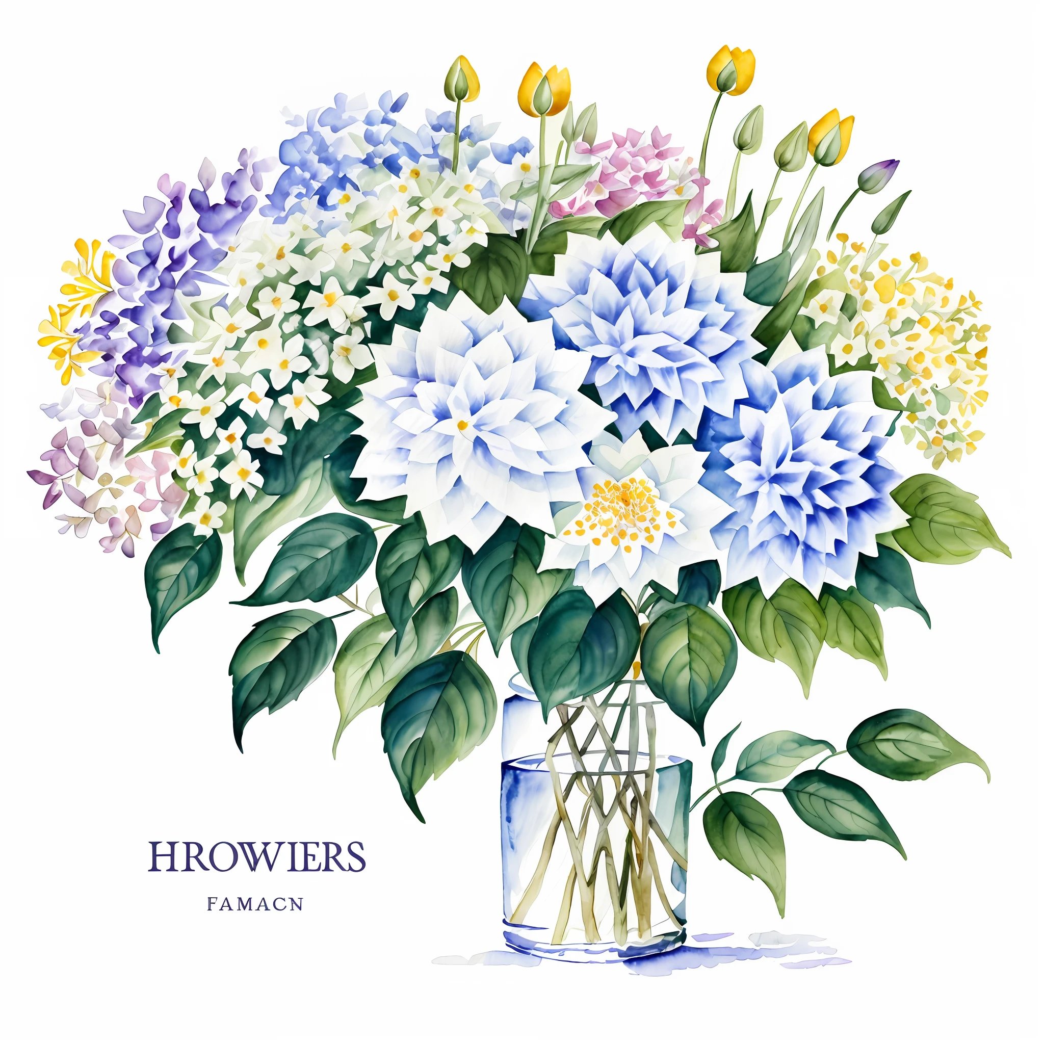 Wild Flowers Art Floral Farmhouse Art, Watercolor Botanical hydrangeas