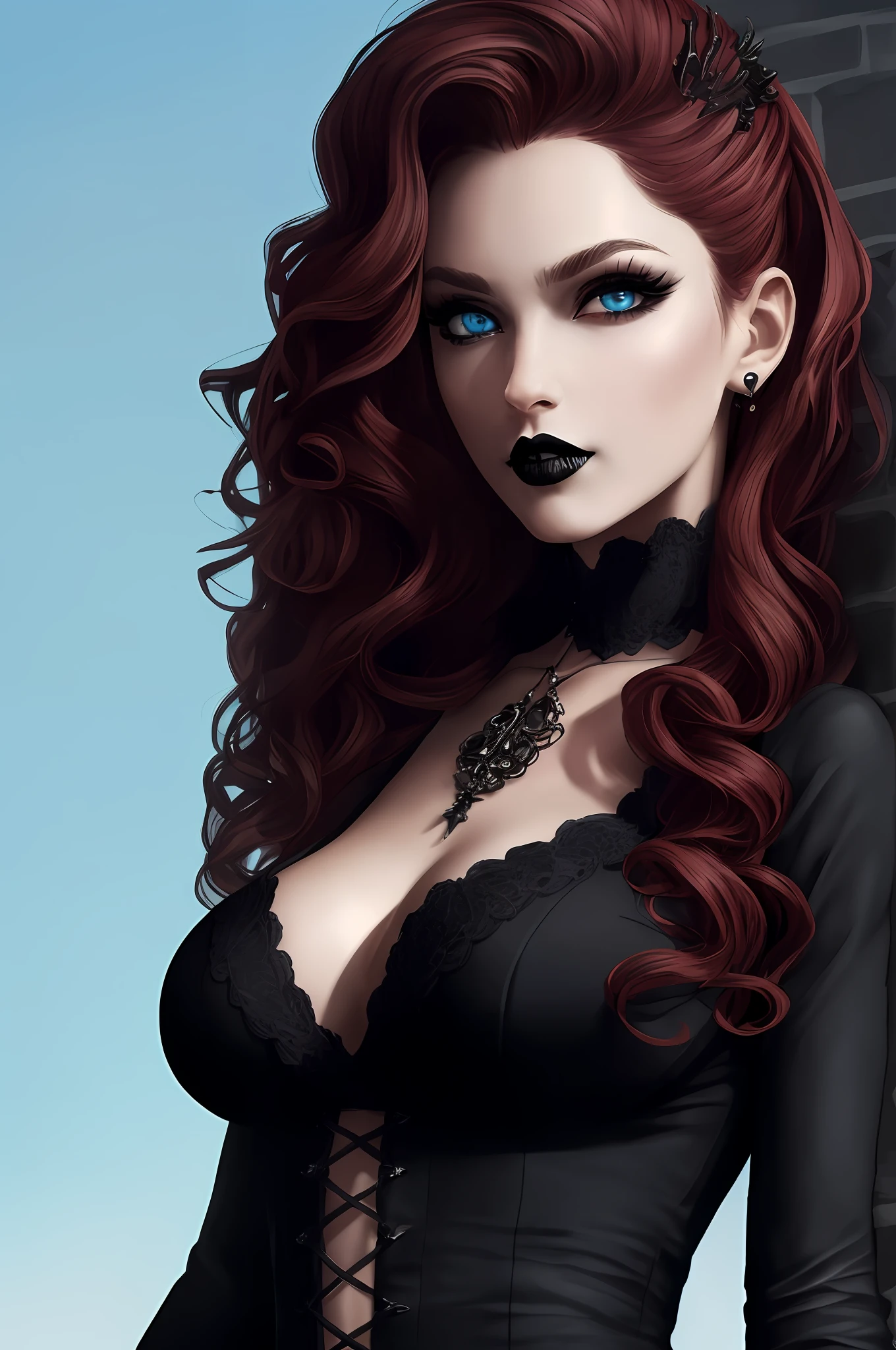 Complete artwork masterpiece, full-body image, high quality, ultra detailed in 4k, 8k, hyper-detailed, realistic skin texture, amazing shadows, highly detailed background, extremely detailed texture. A elegant gothic dress, vampiress, ((Red wavy hair)), (perfect body), ((light blue eyes)), ((perfect detailed face)), ((perfect detail full black lips)), ((large breast) at a Classic Castle