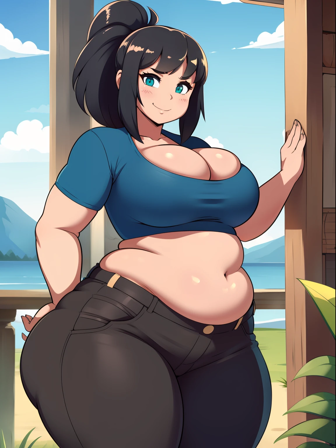 (((kipteitei art))), ((masterpiece)), (((best quality))), ((ultra-detailed)), (((illustration))), detailed face, ultra cute face, detailed body, ((1girl)), ((solo)), medium black hair, ponytail, ((fluffy hair)), green eyes, crop top, shorts, (tight clothes), medium breasts, cleavage, perky breasts, ((wide hips)), (((thick thighs))), (fat ass), pudgy, fat folds, belly hang, belly grab, cowboy shot, dynamic pose, dynamic angle, seductive smile, sexually suggestive