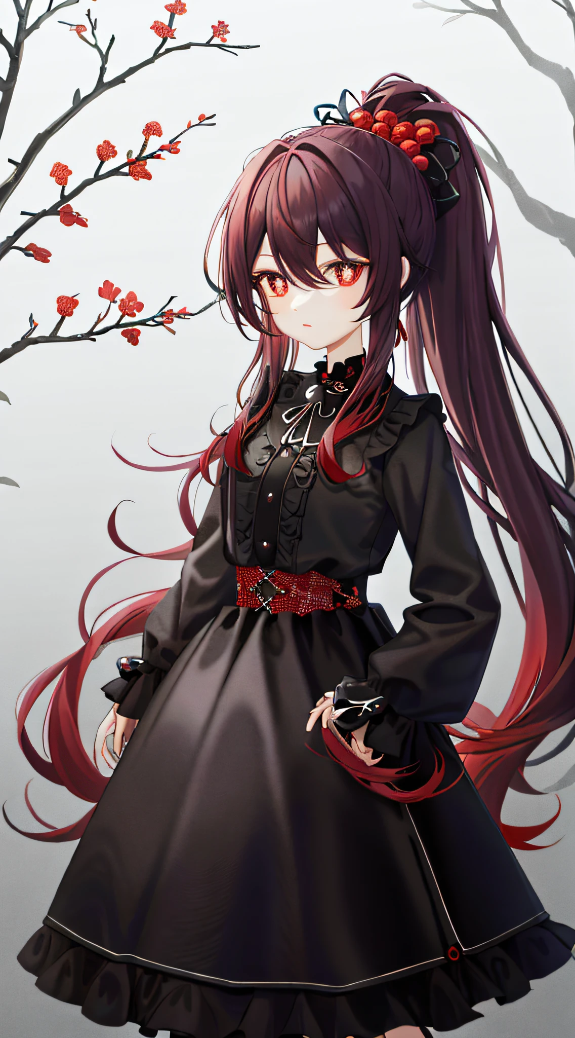 cabelos preto e longos,red color eyes,Plum pupils,Red plum blossoms,Blackn clothes,Black double ponytail
