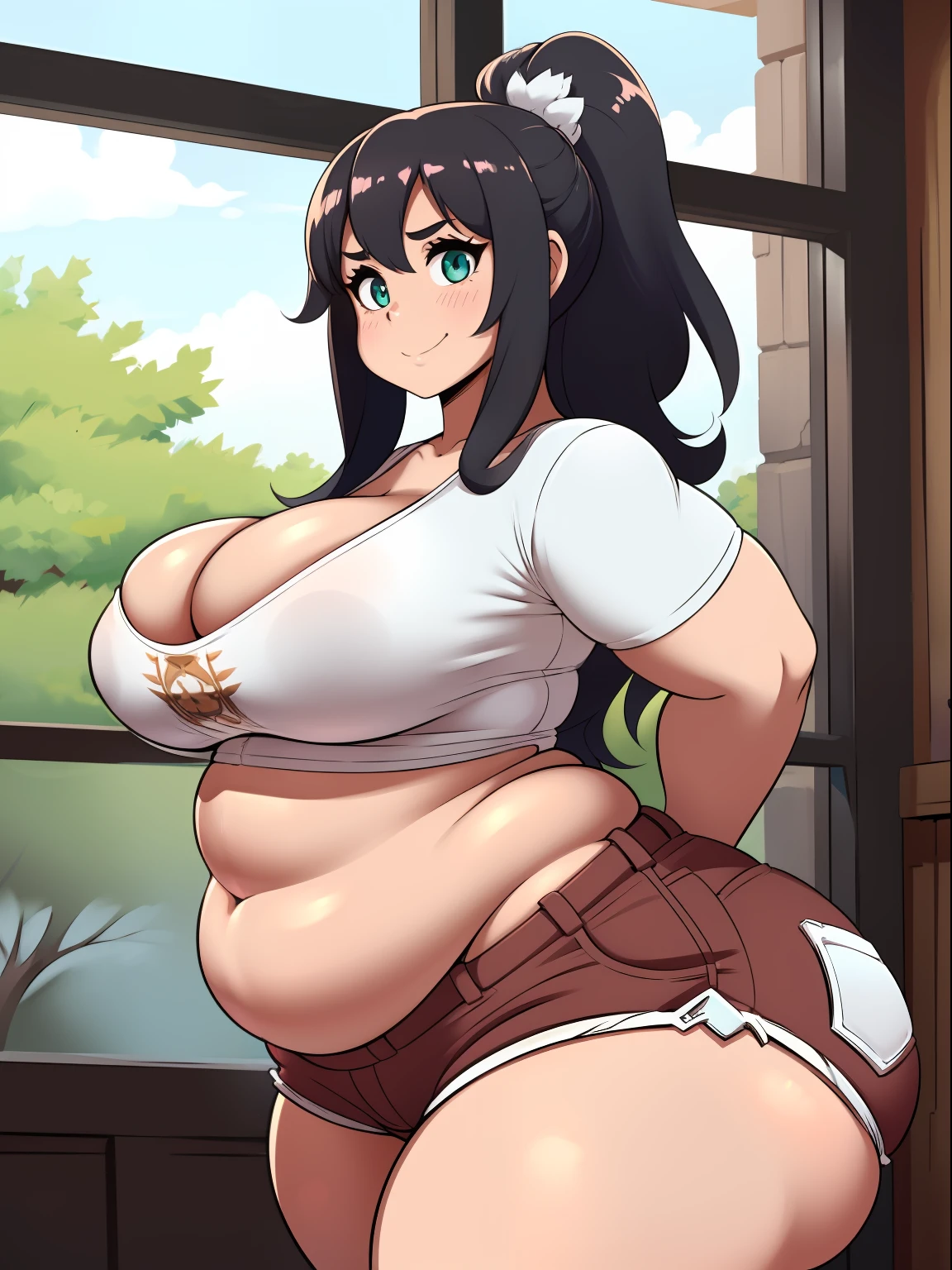 (((kipteitei art))), ((masterpiece)), (((best quality))), ((ultra-detailed)), (((illustration))), detailed face, ultra cute face, detailed body, ((1girl)), ((solo)), medium black hair, ponytail, ((fluffy hair)), green eyes, crop top, shorts, (tight clothes), medium breasts, cleavage, perky breasts, ((wide hips)), (((thick thighs))), (fat ass), pudgy, fat folds, belly hang, belly grab, cowboy shot, dynamic pose, dynamic angle, seductive smile, sexually suggestive