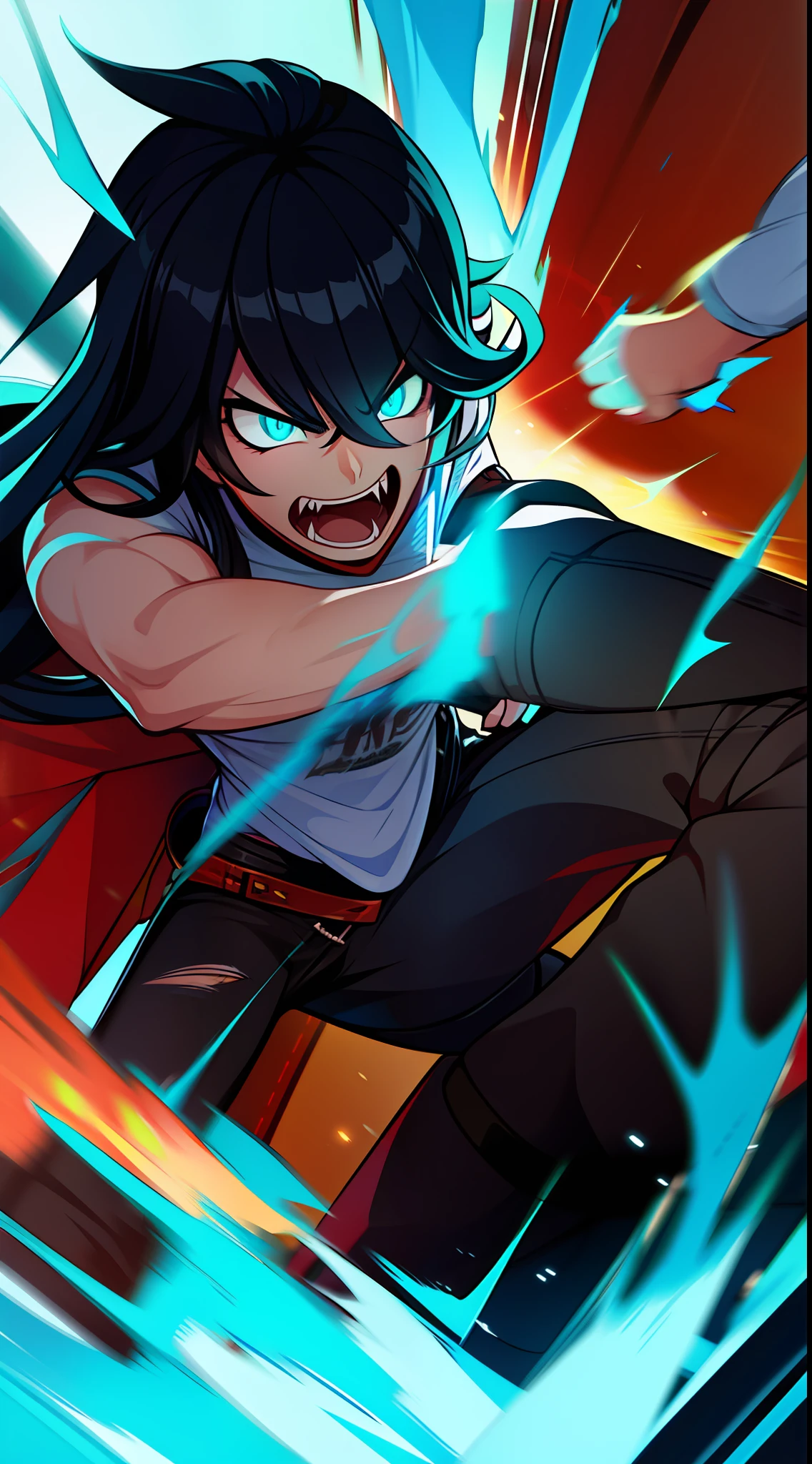 adult man, Long black hair, Cyan eyes, brawn, A furious scream, ripped pants, Jaw, fangs, combat stance, Masterpiece, hiquality