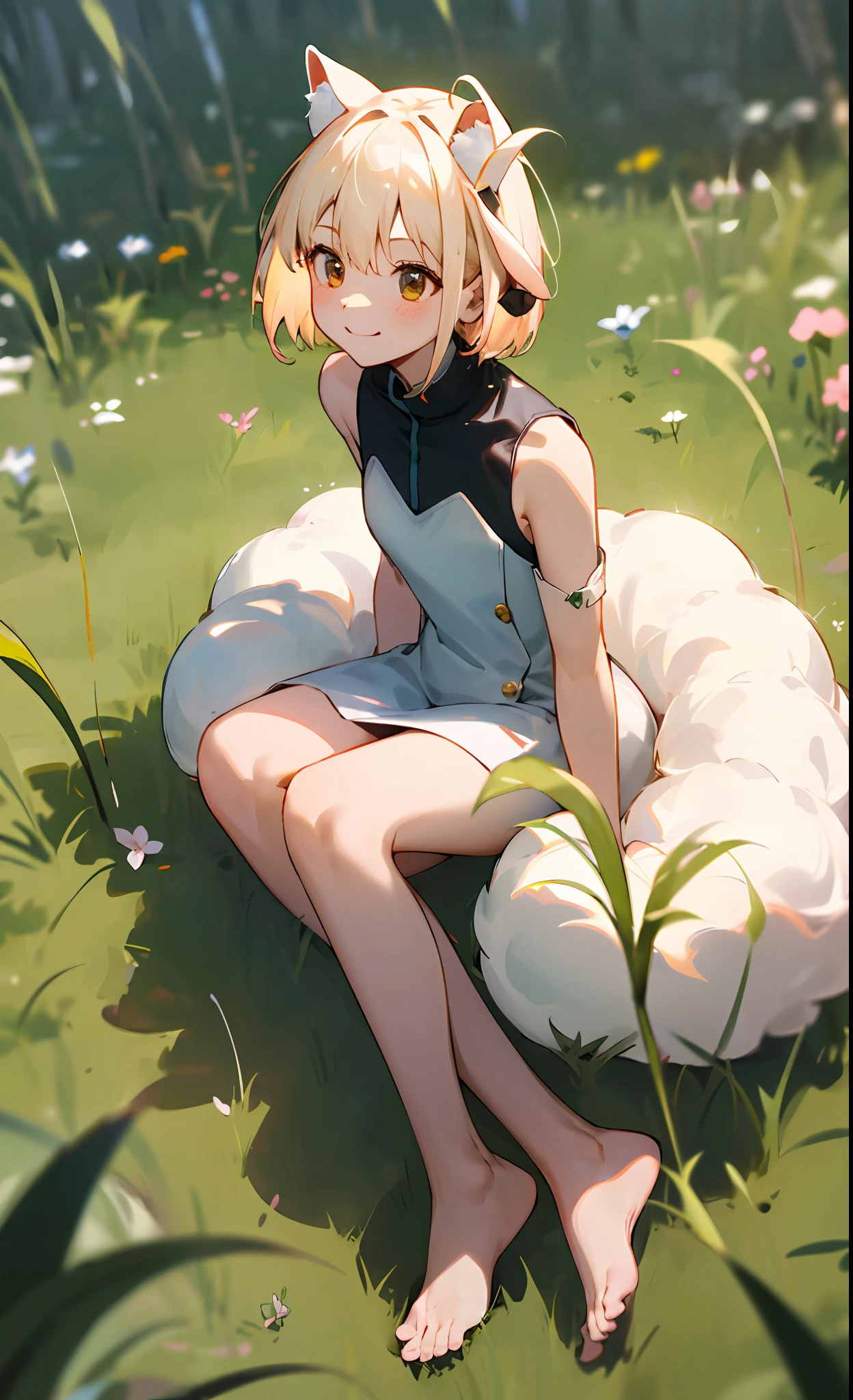 【Best Quality】Beast Ears Rabbit Barefoot Above Knee Dress for One GirlSitting Rabbit Ears Short SleeveViewerWatchgrass Short HairSmile White HairFluffy SleevesOutdoor Puffy Short SleevesBangsGround Full Body AnimalWhite ClothesSunlightSunlightSunlightBrownSpeckledSunshine