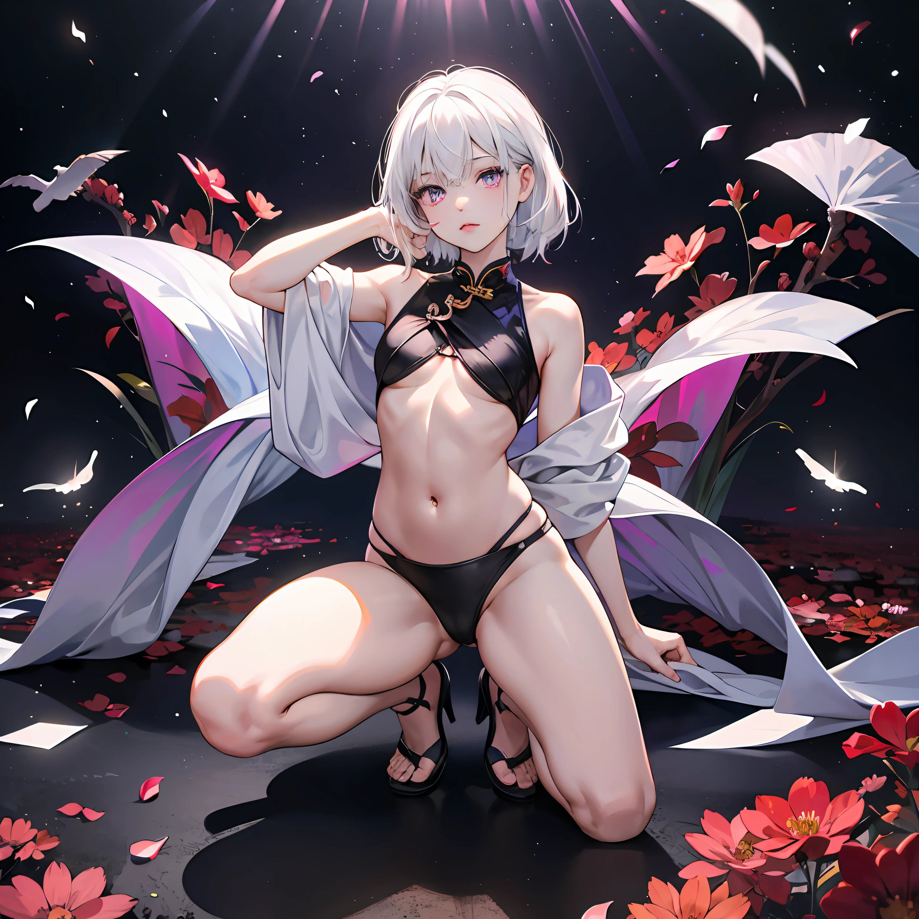 best qualtiy， tmasterpiece， 超高分辨率，Full body like （realisticlying：1.4）， RAW photogr， 1girll，White hair，Purple eye，glowing light eyes（（Chinese belly pocket））， （Split leg squats：1.2），（（smallunderboob））， parted lip，Be red in the face，the night，fresh flowers，rays of sunshine