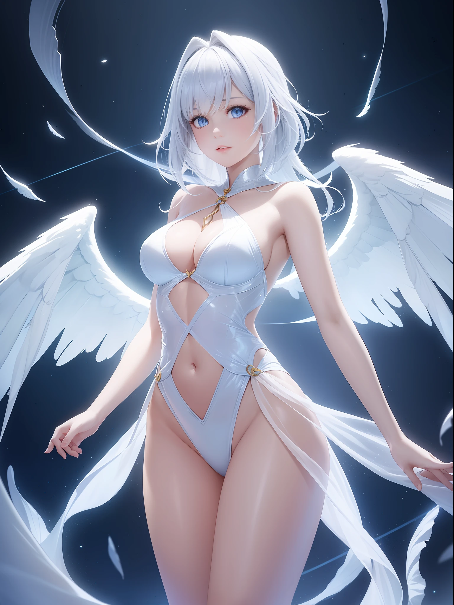 1girll,Cute beautiful girl,perfect body figure,Translucent body,glowing body,the angel's wings,Invisible wings,glowing stars,Sexy clothes,dynamicposes,rich details,Science fiction world,Fantasy composition,Creative wallpapers,illusory 5,