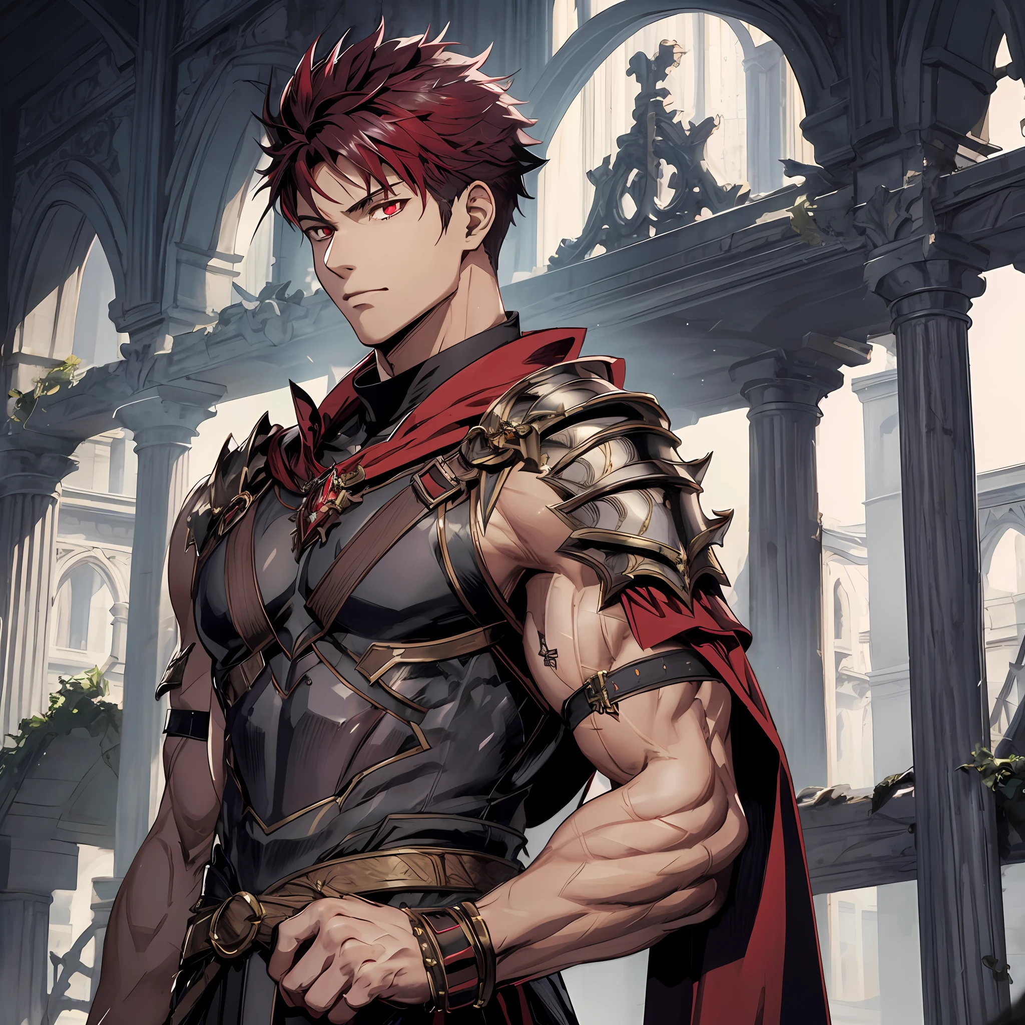 muscular, muscular arms, male, blackish red hair, vibrant red eyes, shadowverse style, masterpiece, highly detailed, demonic black metalic armor, Armor, Cape