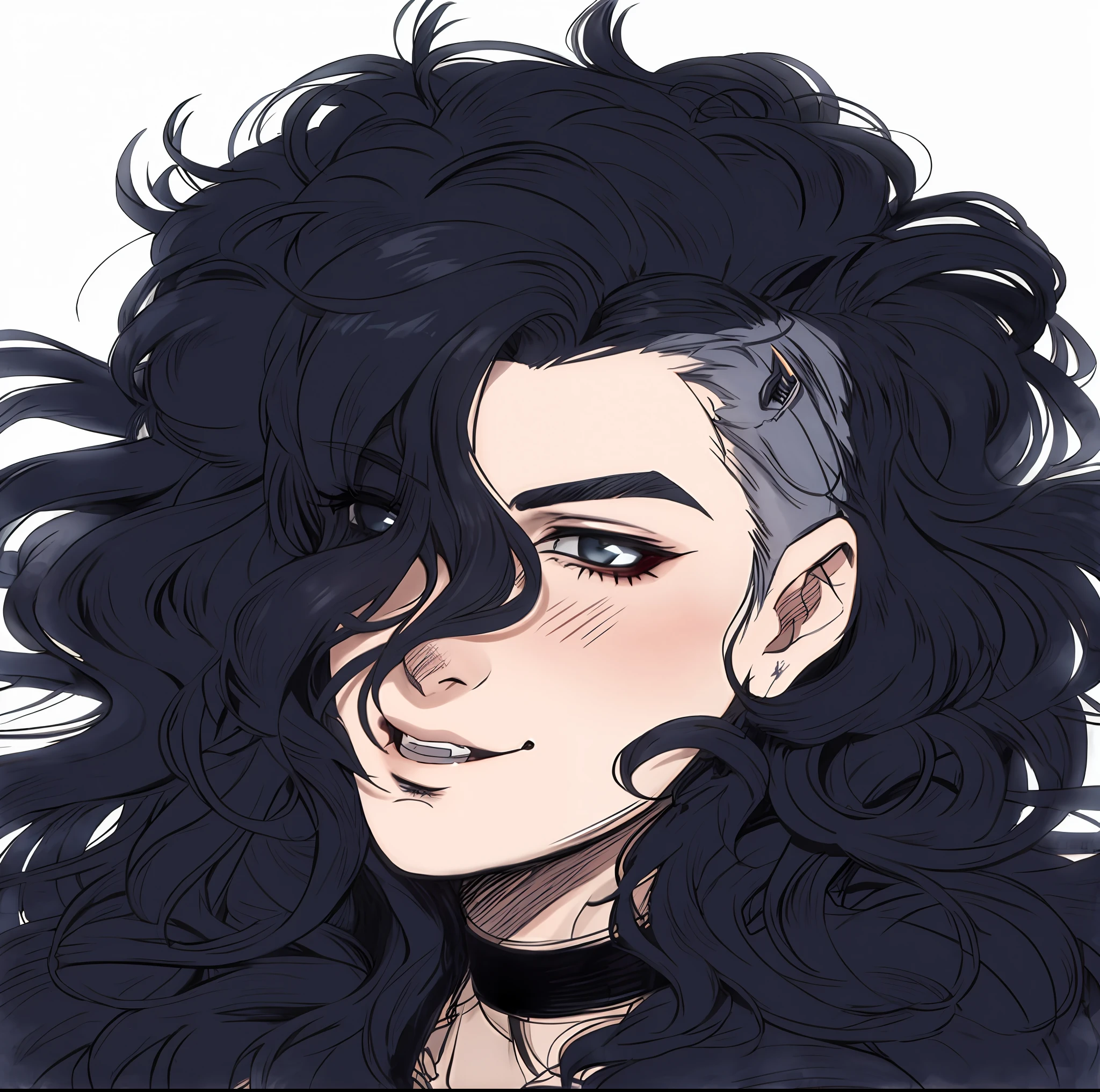 um desenho de uma mulher com longos cabelos pretos e olhos castanhos, elfa, Shadar-kai, cara bonito na arte demon slayer, androgynous vampire, elfa cinza, peli cinza, androgynous face, Beautiful androgynous prince, messy black hair, delicate androgynous prince, androgynous person, attractive androgynous humanoid, linha escura, androgynous male, ele tem cabelos grisalhos escuros,  gotica,