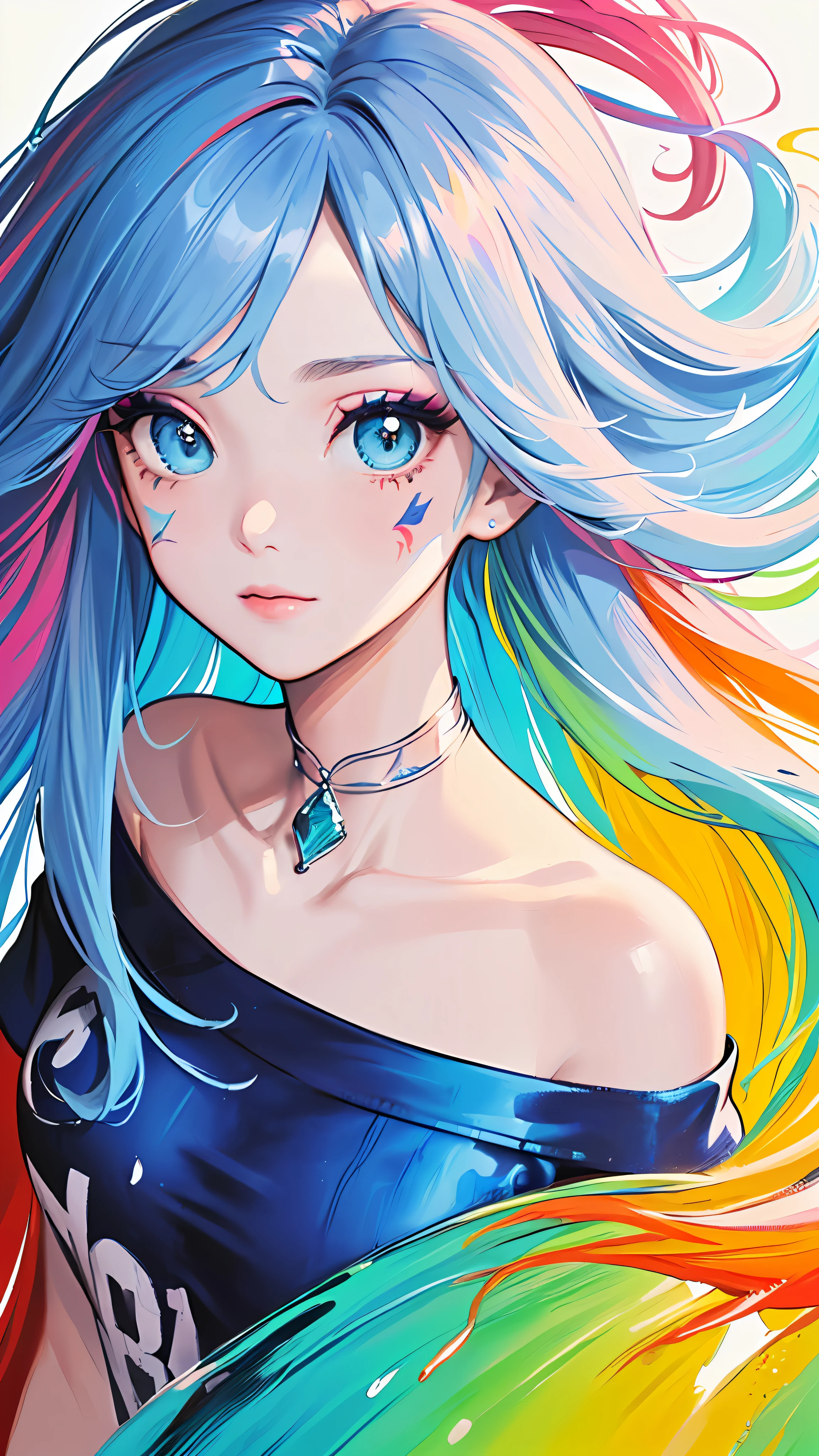 (Pink Fashion T-shirt:1.9),(Colorful hair: 1.8), (all the colours of the rainbow: 1.8),(((((vertical painting:1.6))), (painting:1.6),front, comics, illustrations, paintings, large eyes, crystal clear eyes,( rainbow color gradient high ponytail:1.7), exquisite makeup, closed mouth,(Small Fresh: 1.5),(Wipe Chest: 1.6) ,long eyelashes, white off shoulder T-shirt, White Shoulder Shirt,looking at the audience, large watery eyes, (rainbow colored hair:1.6), color splash, (solo:1.8), color splash, color explosion, thick paint style, messy lines, ((shining)),(colorful), (colorful), (colorful), colorful, Thick Paint Style, (Splash) (Color Splash), Vertical Painting, Upper Body, Paint Splash, Acrylic Pigment, Gradient, Paint, Highest Image Quality, Highest Quality, Masterpiece, Solo, Depth of Field, Face Paint, colorful clothes, (Elegant: 1.2), gorgeous,long hair, wind, (Elegant: 1.3), (Petals: 1.4),(((masterpiece))),(((best quality))),((ultra-detailed)),(illustration),(dynamic angle),((floating)),(paint),((disheveled hair)),(solo),(1girl) , (((detailed anima face))),((beautiful detailed face)),collar,bare shoulders,white hair, ((colorful hair)),((streaked hair)),beautiful detailed eyes,(Gradient color eyes),(((colorful eyes))),(((colorful background))),(((high saturation))),(((surrounded by colorful splashes))),