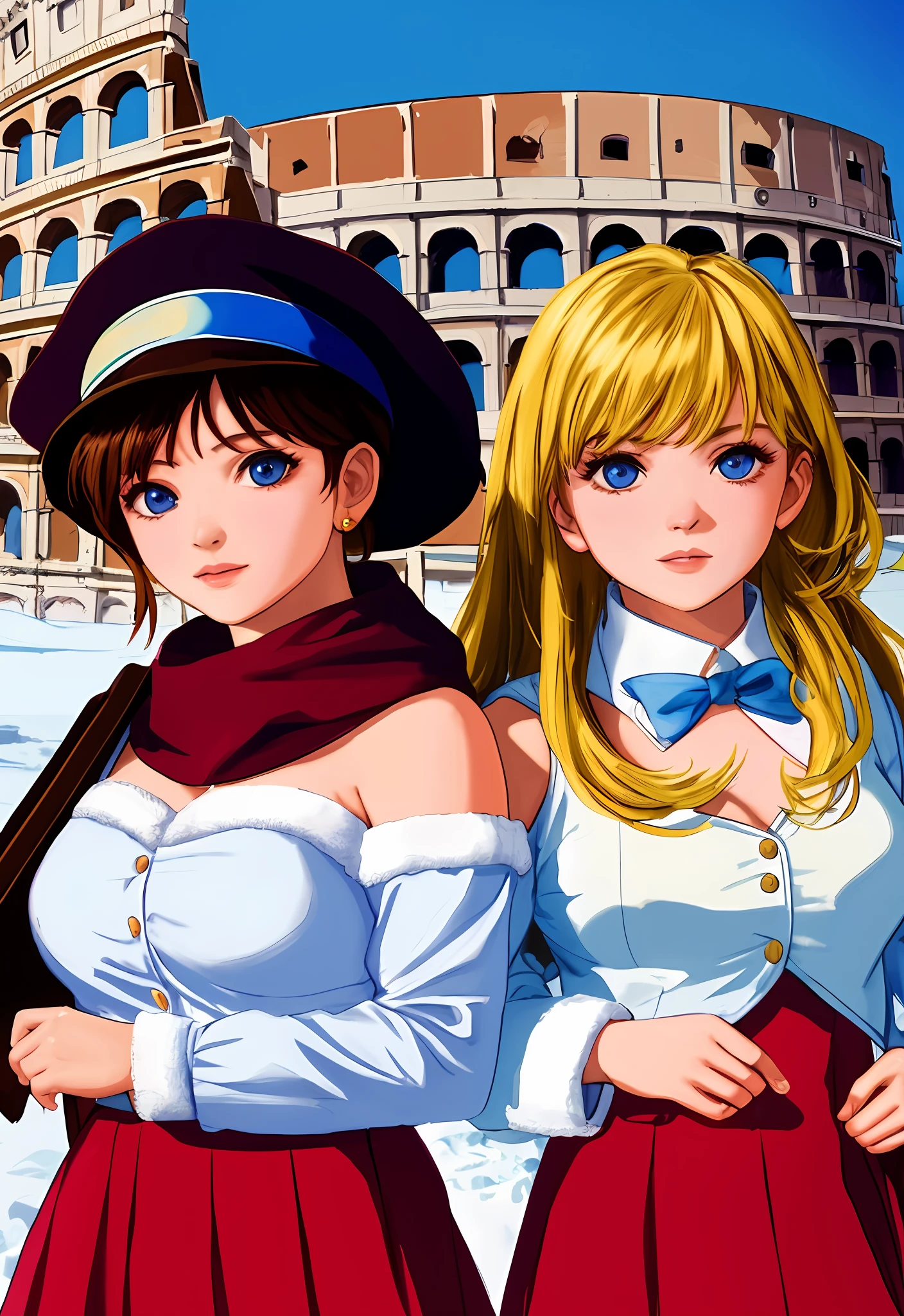 （Positive focus),2girls,duo,navel,(At the Colosseum,crowd,winter,Snowy),Surrealistic Female Portraits by David Hockney and Alphonse Mucha,Fantasy art,photograph realistic， Dynamic lighting，art  stations,poster for,Volumetriclighting,Very detailed faces,4K,Award-Awarded,Fantastic costumes,Deep shadows,low tune,cowboy lens， （official outfit：1.4）， looking at the camera in， Half-body shot，（（Realistic face））），