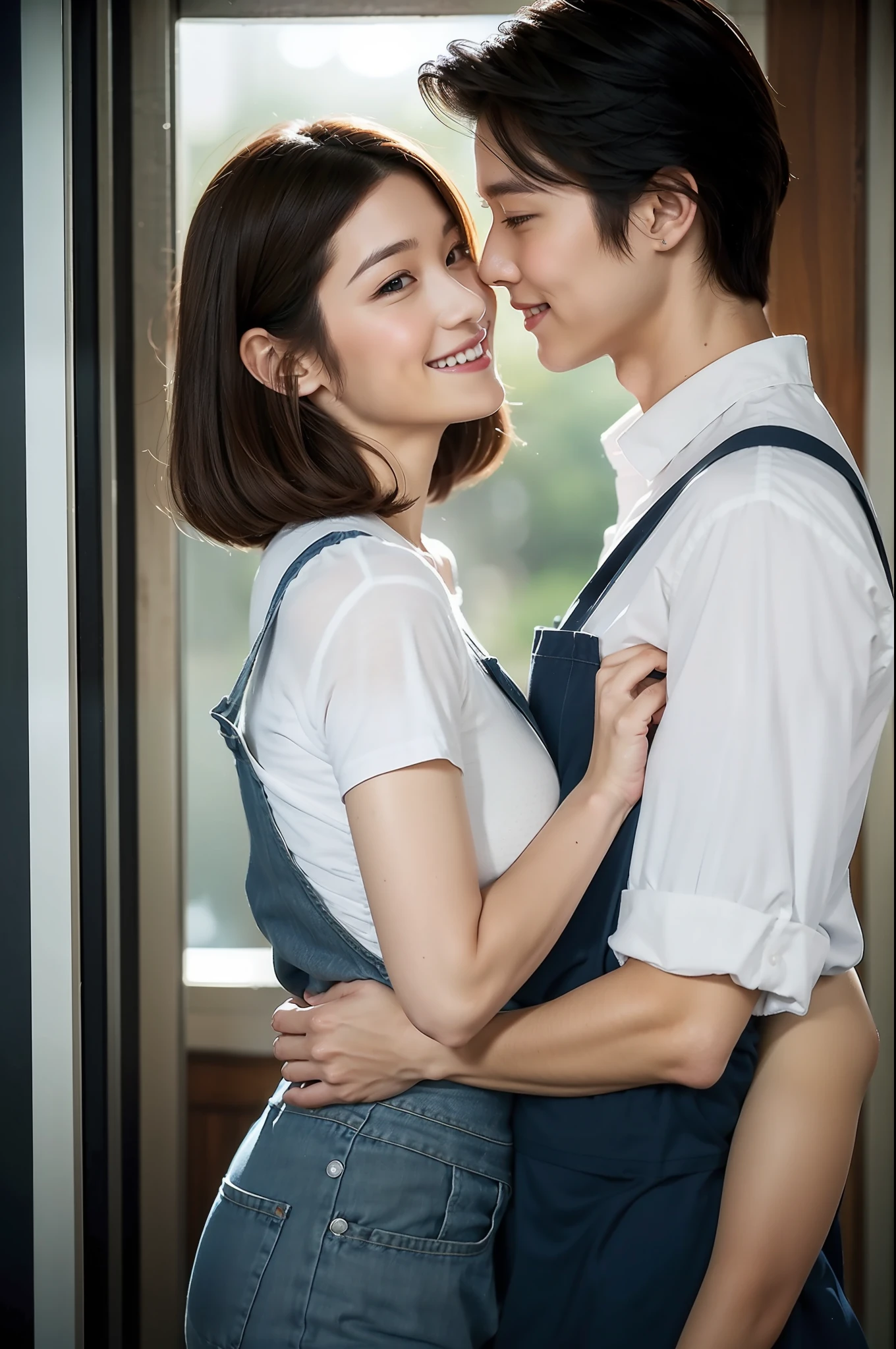 best qualtiy、​masterpiece、fidelity:1.3、超A high resolution、(Photorealsitic:1.4)、Couple hugging each other in the kitchen（Year difference couple、The woman is tall:1.5、Man is a boy）、1 Most Beautiful Mature Woman in Japan（Obscene big breasts:1.4、Wearing an apron、Bob Hair）、1 boy with a cute face（shortsleeves）The ultra -The high-definition、Flirting