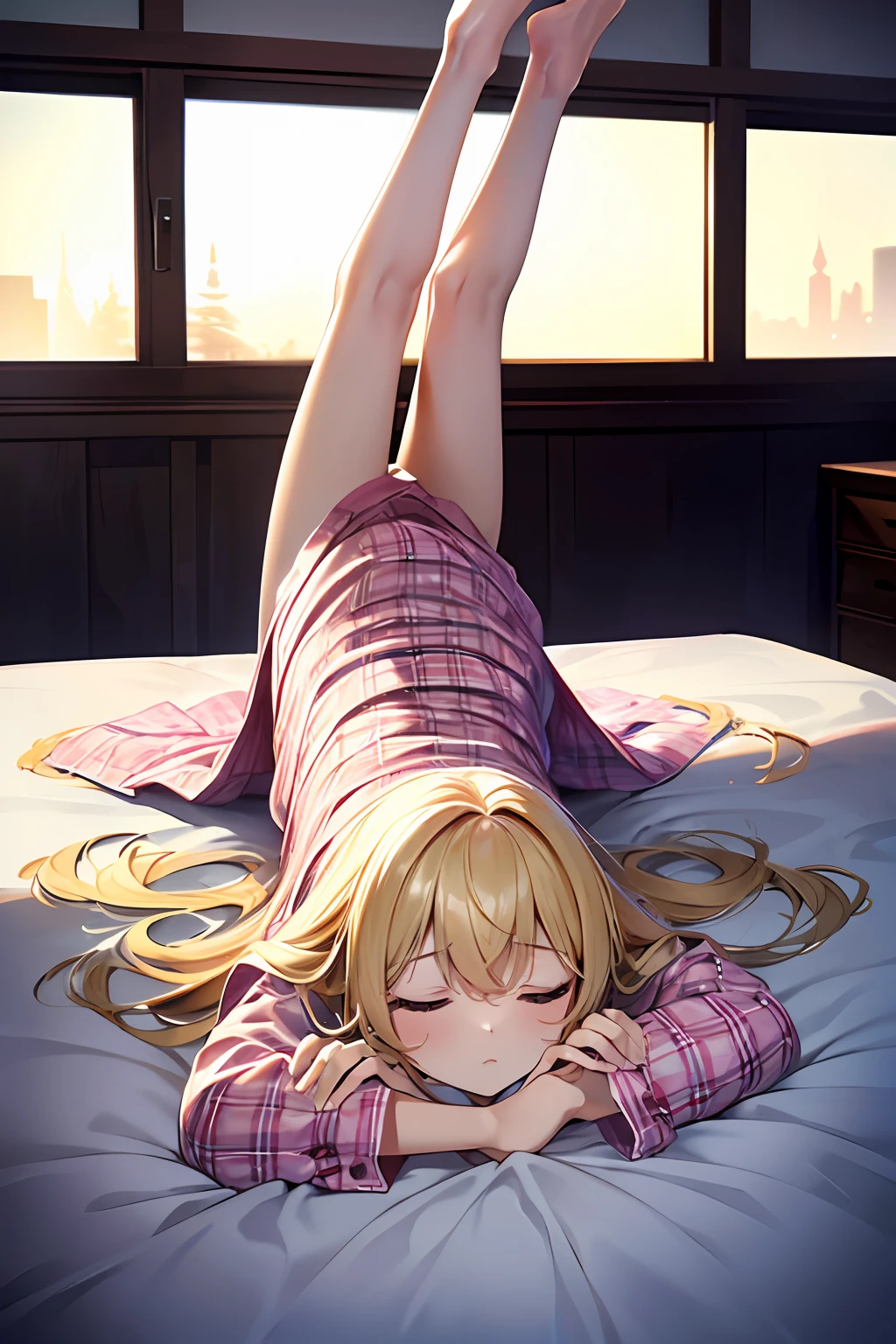 top quality, Masterpiece, very delicate 8k wallpaper, transcendent beautiful girl, Lie down on your back, Raise your hands above your head, (Pink plaid pajamas), Sleeping habit hair, (dark_skin), Blonde Long Hair, a bed, disheveled clothes, (upside-down face), bad sleeping position, front opening clothes, messed up sheets and pillows, (five fingers, 4fingers and 1thumb), dynamic pose, sleeping, closed eyes, (stretch and spread your legs:1.1),