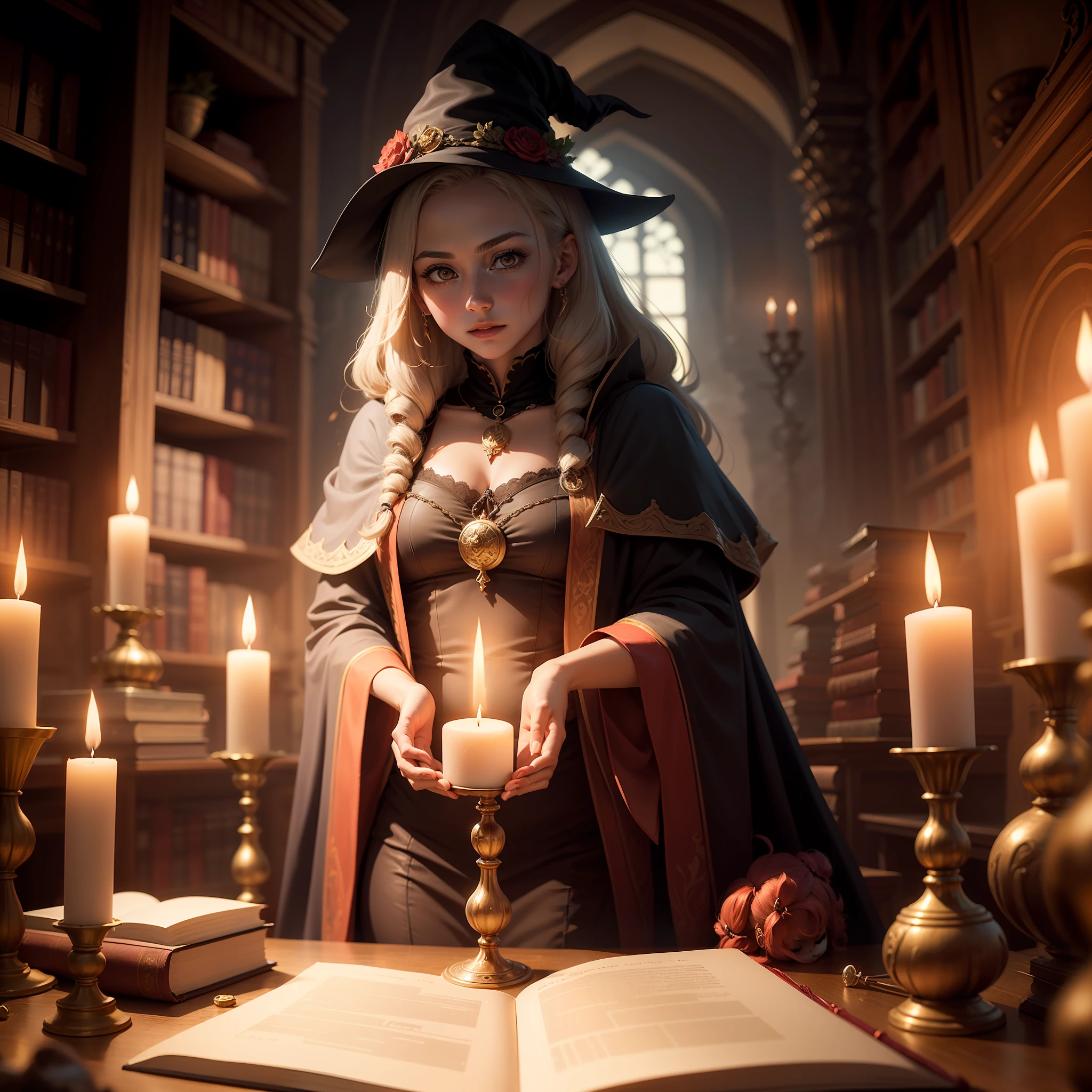 medieval realm of Elariana, where young witches and wizards attend the prestigious Academy of Arcane Arts. In this anime-style picture, showcase the talented witch-in-training, Isabella, as she practices her spellcasting amidst ancient bookshelves and flickering candlelight. With her spellbook opened and her crystal-tipped wand raised, Isabella aims to unlock the secrets of long-lost incantations and master the power of the five elements. --auto