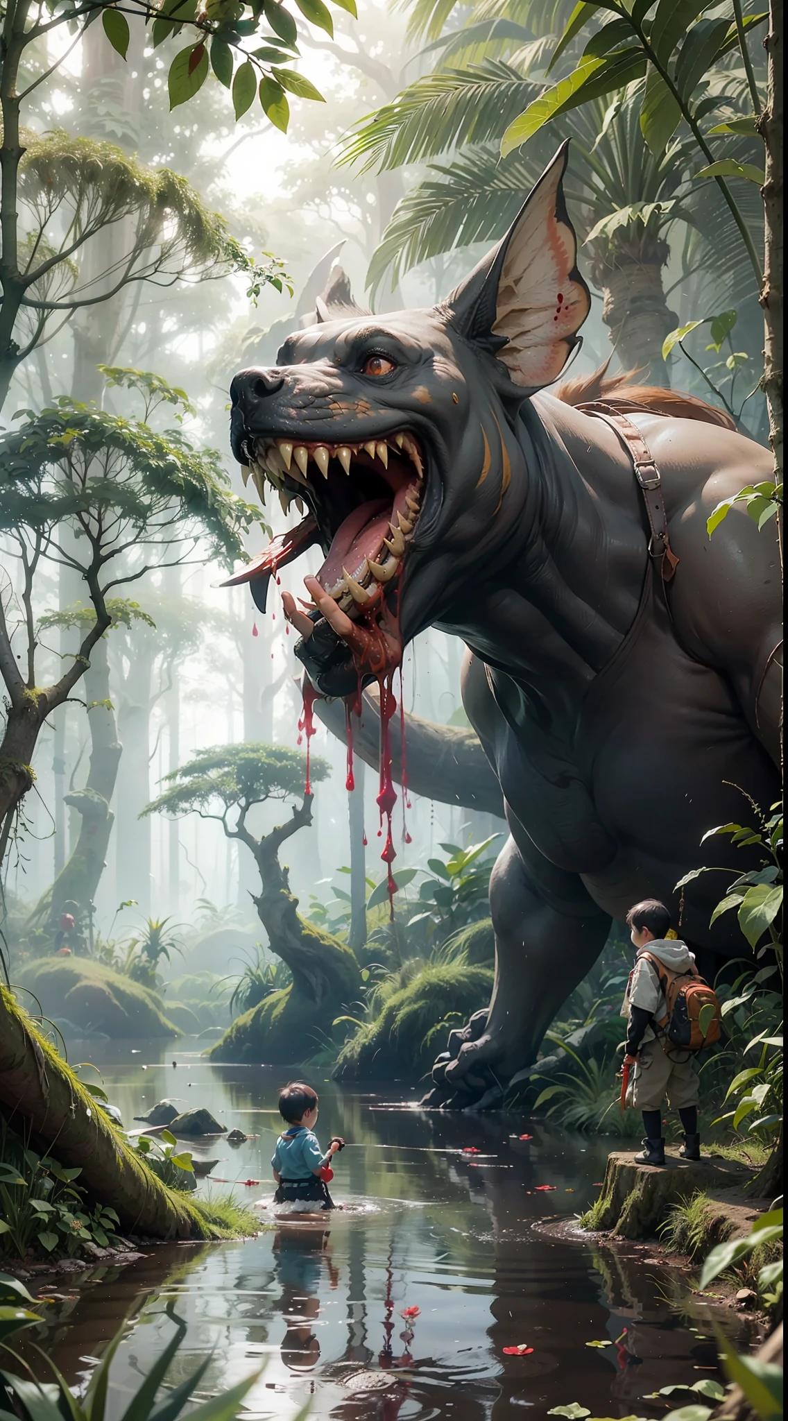 Dense jungle,Rough and damp trees,Huge thick vine,weeds,water puddles,marshes,((5--old enturer standing in front of a huge man-eating flower)),Piranha,adventurer clothing,brutal,bloodthirsty,attacking,bloods,heavy bleeding,super-fine,Works of masters,high qulity,8K分辨率,depth of fields,电影灯光,Epic shooting