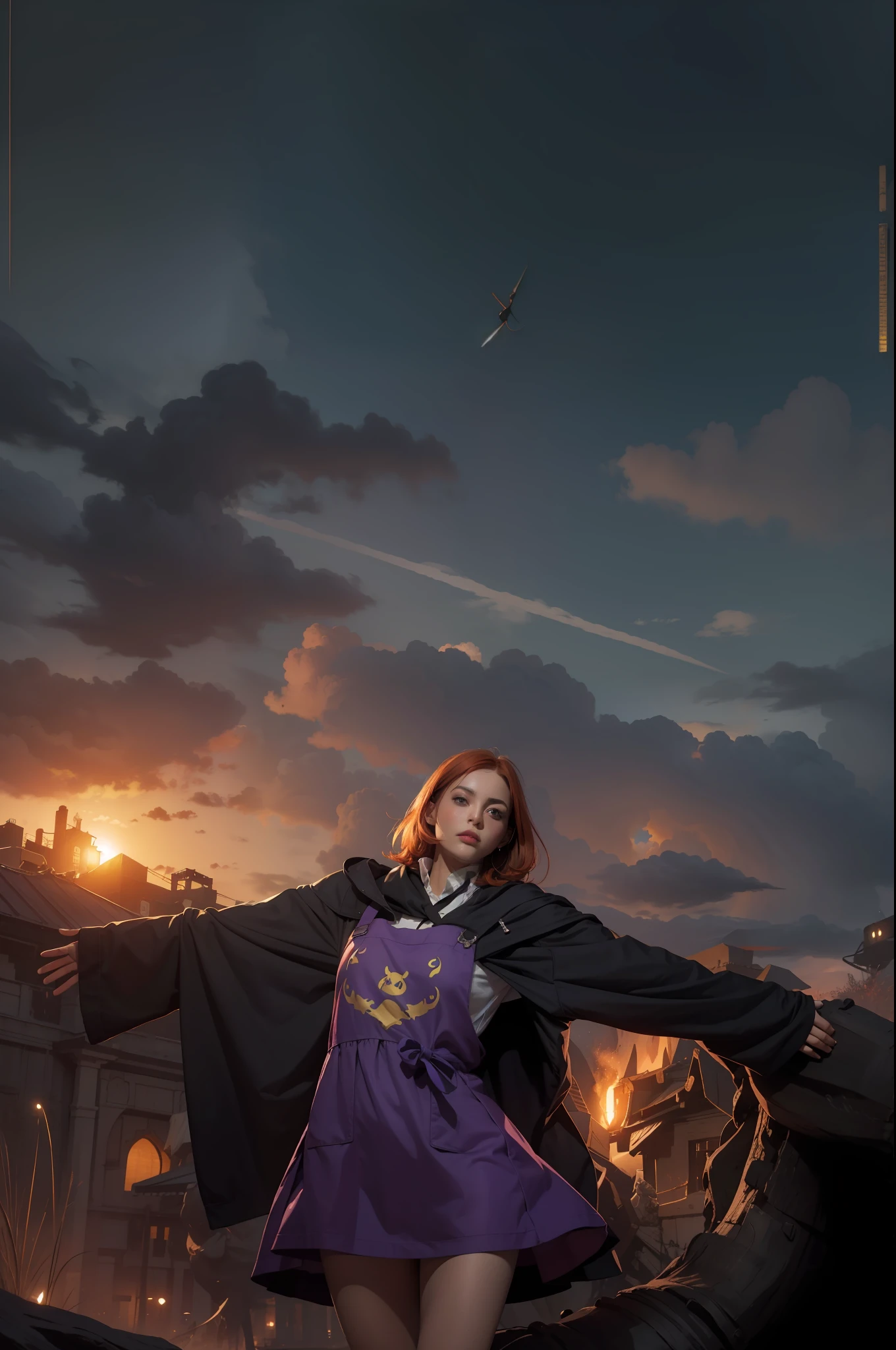 concept art, overhead angle of a Will-o'-the-wisp, wearing Funny Somali Emerald deep orange Pinafore, Caramel hair styled as Short hair, fluorescent purple Hair tie, equirectangular 360, Highres,  [(art by Willi Baumeister:1.1), (art by John T. Biggers:1.2)::17], official art, unity 8k wallpaper, ultra detailed, aesthetic, masterpiece, best quality, photorealistic