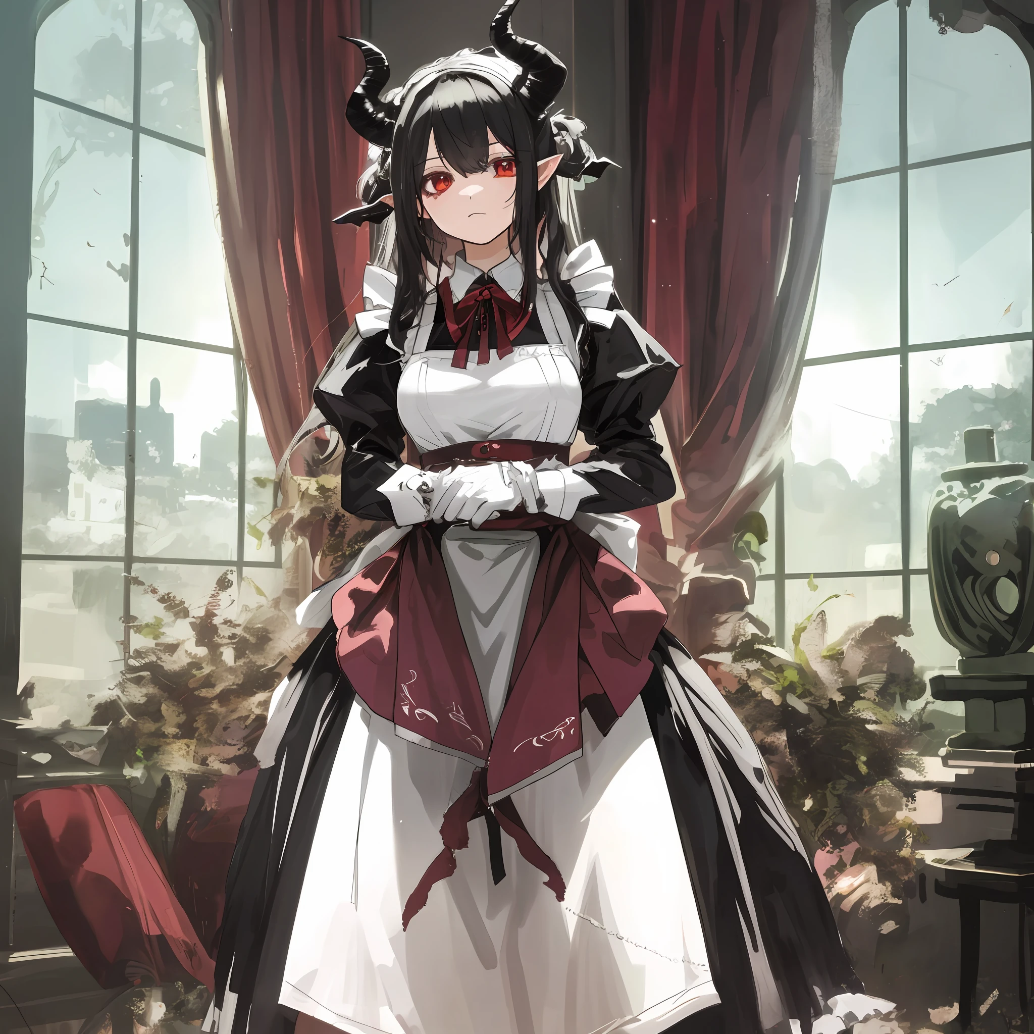 There is a succubus girl in front of the windowsill，Wearing a maid outfit，Stand obediently。She has demonic horns on her head。