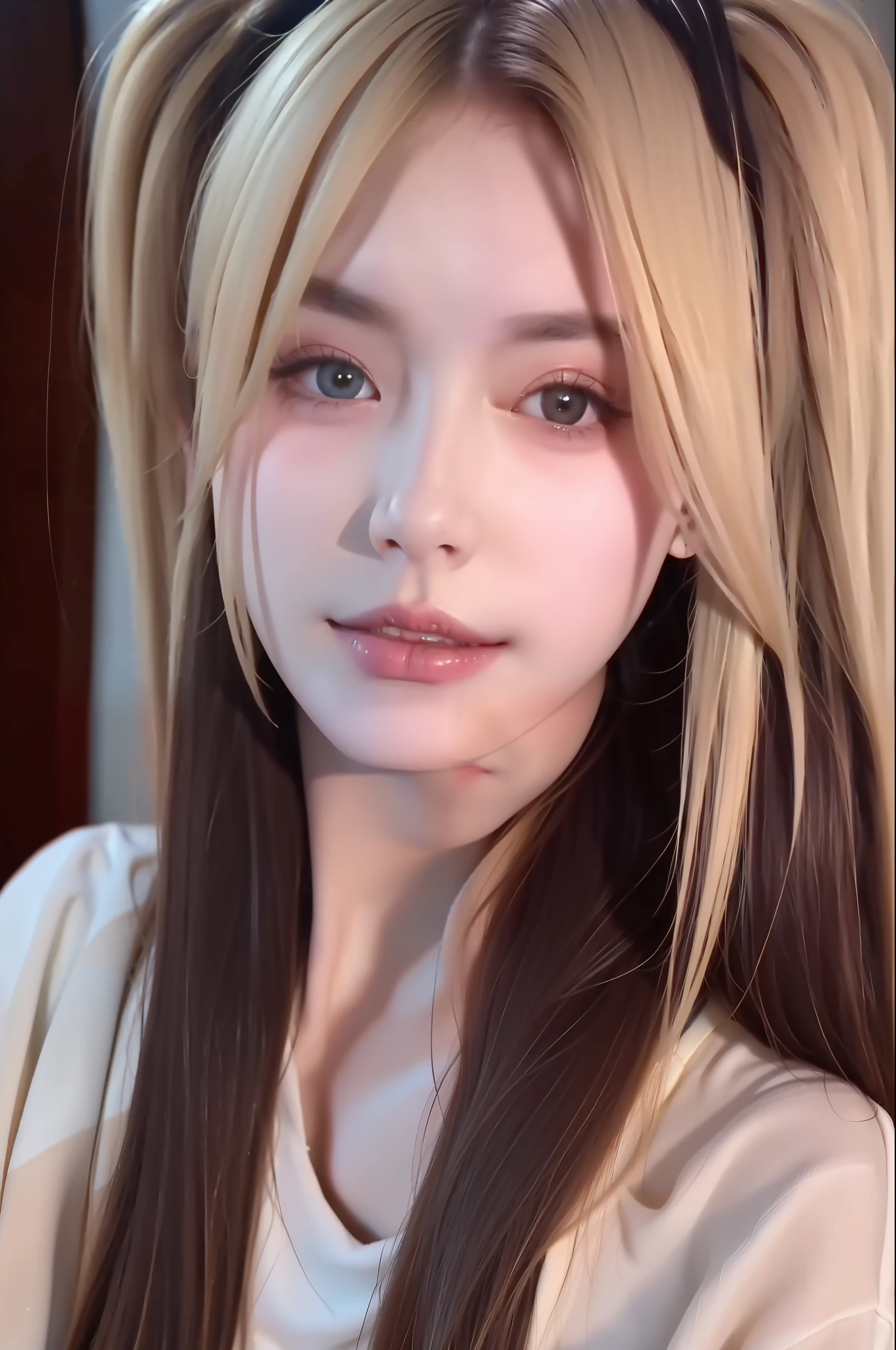 (8k, 4k, best quality, highres, ultra high res:1.1), (masterpiece, realistic, photo-realistic:1.1), 1girl, face, close-up, twintails, blonde hair, black eyes, red lips, (looking at viewer:2), absurdly long hair, long eyelashes, eyeshadow, small face, big eyes,
bare shoulders,
high contrast,