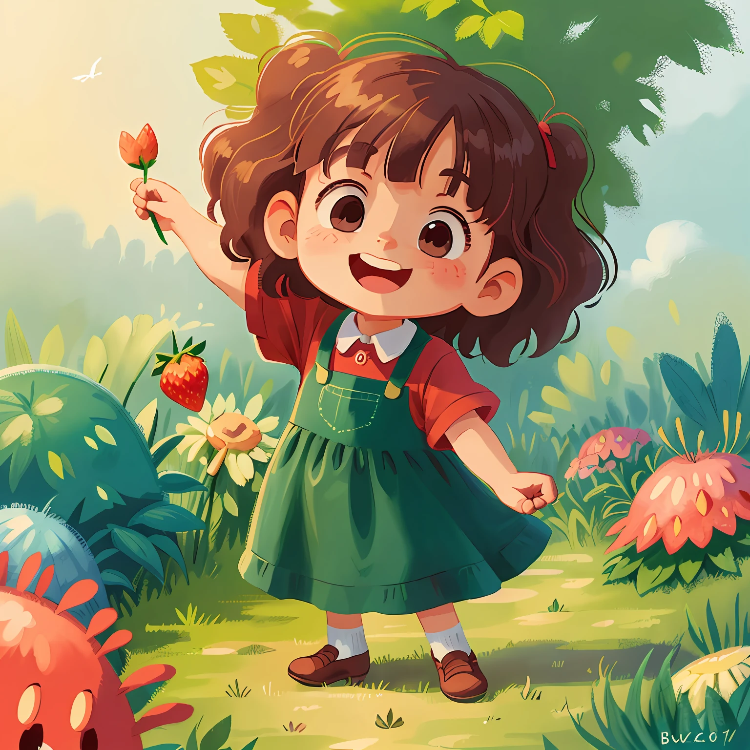 Happy child girl. Bucolic style. Women's children's clothing. Smooth color. Simple art. Ghibli studio style. Strawberry character style.
