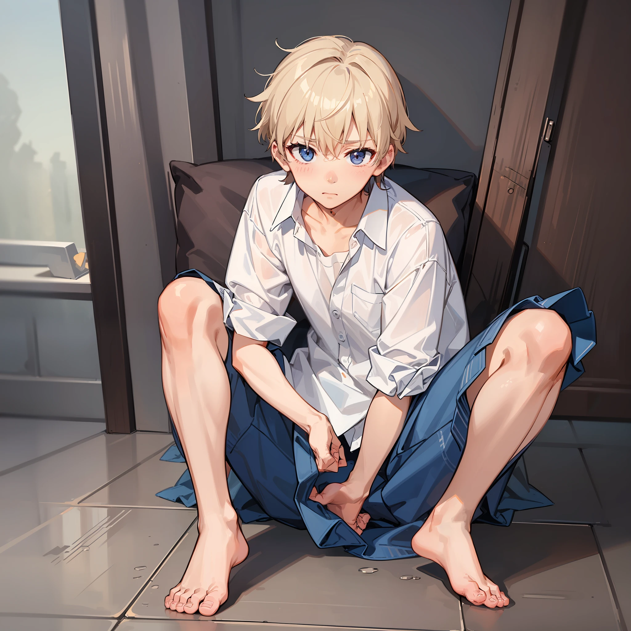 ((A boy)),adorable captivating,in a white shirt,He looked sad,Barefoot,Stand up。The blush gradually rises,Shy, But handsome。The picture style is fresh and simple,Rendered like a comic,The lens is shown as a vista,(Anime style+Soft cute),Anatomically correct,Accurate