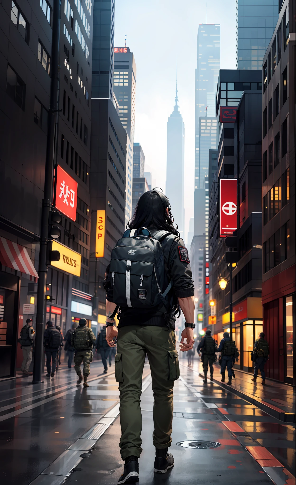 masterpiece, top quality, best quality, (1man), man, young man, man of 16, extreme detailed, colorful,highest detailed, black hair, long hair, wavy hair, black eyes, big city, zombies around, backpack, wind, destroyed city, military clothing