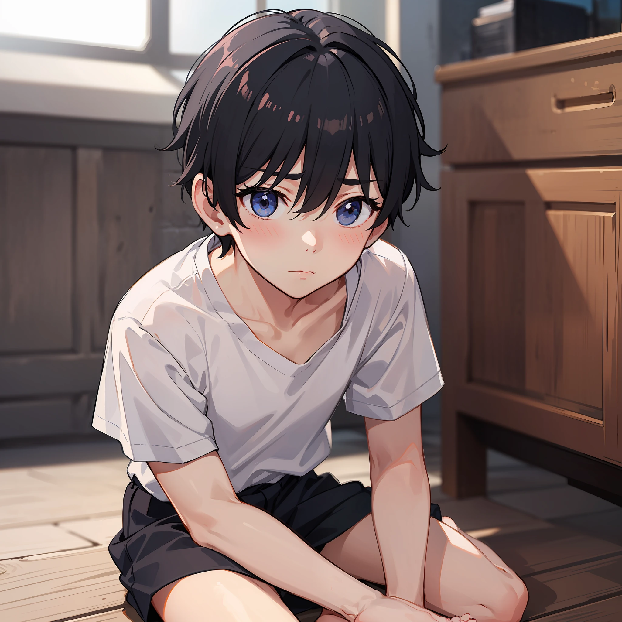 ((A boy))，adorable captivating，in a white shirt，He looked sad，Barefoot，sat on the ground。The blush gradually rises，Shy, But handsome。The picture style is fresh and simple，Rendered like a comic，The lens is shown as a vista，（Anime style+Soft cute），Anatomically correct，Accurate