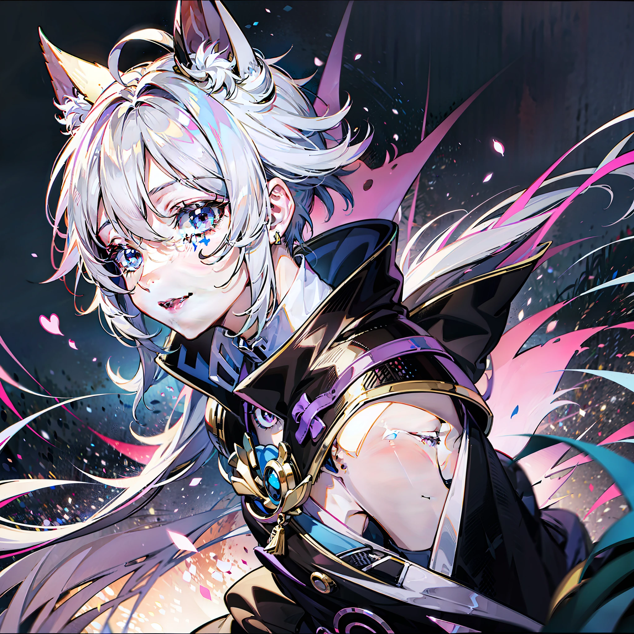 |(Ayaka Genshin shock style pink low horse purple eyes tail boy's face)|[Genshin Impact StyleAND Onmyoji StyleAND, Nakari Character, AND, Fox Earlobe, Portrait of AND Smiling Anime Boy]