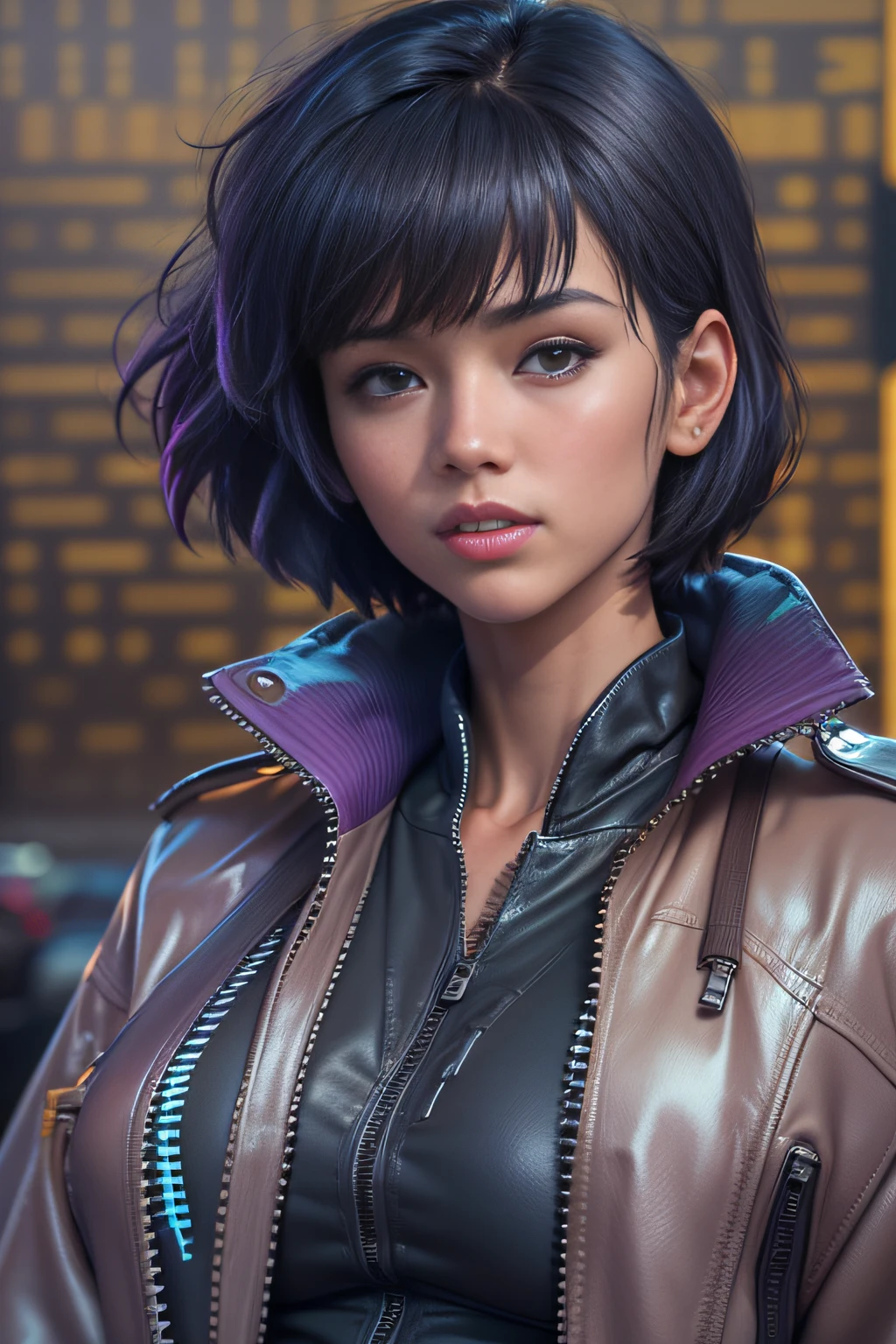 (Motoko Kusanagi as Jessica Alba.Sporty woman with short purple hair. She is wearing a (Big)) Futuristic sand-colored Japanese army jacket made of dense material. Black leggings and military boots) (movie footage ((Ghost in the Shell)) If it was filmed by director James Cameron in 1996 )) ((Casual clothing and image details correspond to the original manga.)) a 3D render, rendering by octane, intricately details, Cinematic, Background farmers market style James Cameron, trending on artstationh, isometry, Realistic shotgun, Centered hipereallistic cover photo, Awesome full color, handpainted, Dark, grittiness, Mucha, Klimt, erte 12k, High definition, Cinematic, neoprene, behance contest winner, portrait featured on unsplash, Stylized digital art, smooth, hyper HD, 8K, Unreal Engine 5, super sharp focus, masterpiece of intricate artwork, has cleavage