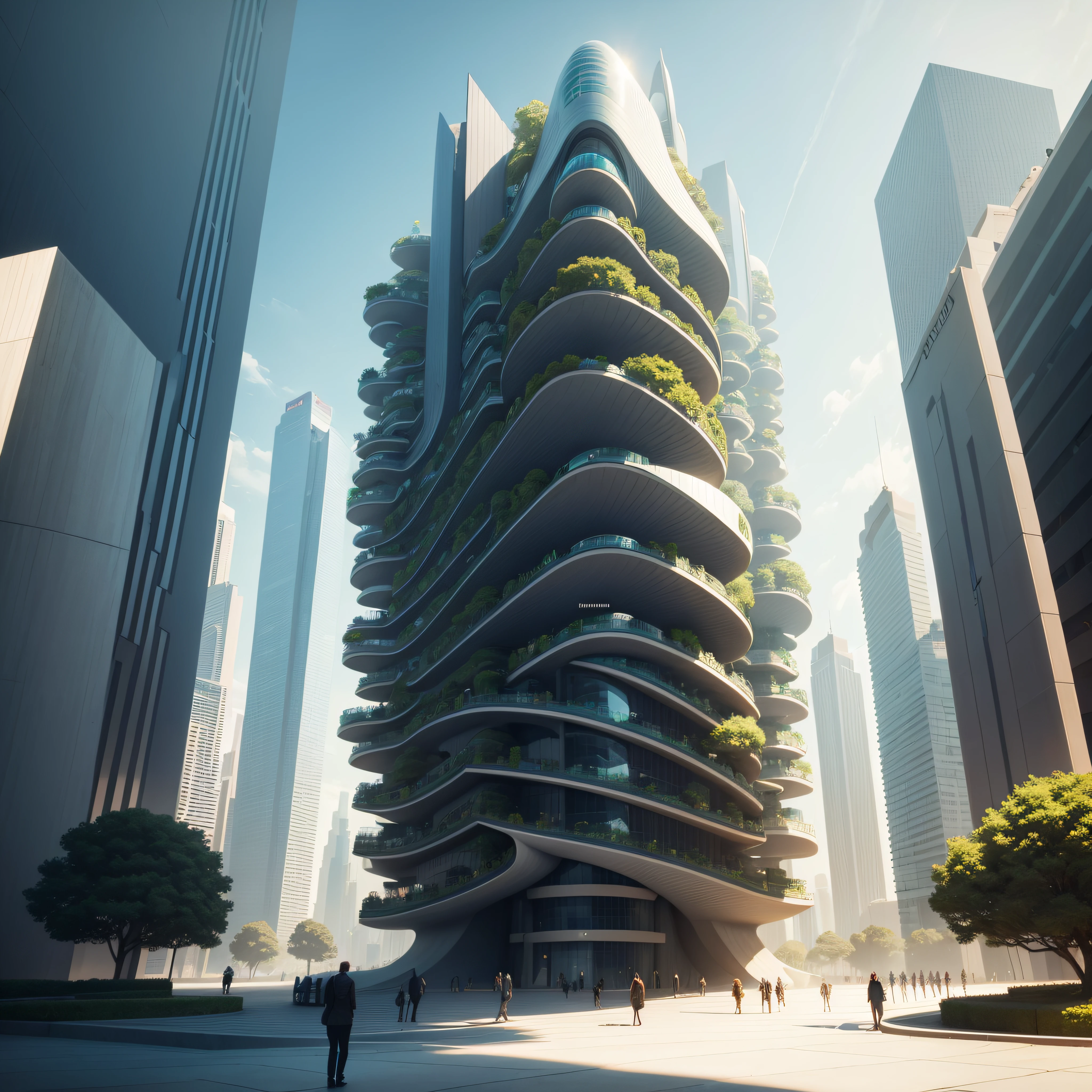 A tall building in a futuristic city designed by Zaha Hadid, A futuristic building, A modern building, sidewalks around the building, imagination, a fusion between the future and the past, jardins suspensos, The Hanging Gardens of Babylon, sustentabilidade, tecnologia do futuro, Very tall building, architectural creativity, nova cultura, Self-sufficiency, the golden ratio, a beautiful building in the middle of the image, um fundo desfocado, a building, espalhar, cores naturais, cores calmas, obra-prima, arte, best resolution --auto