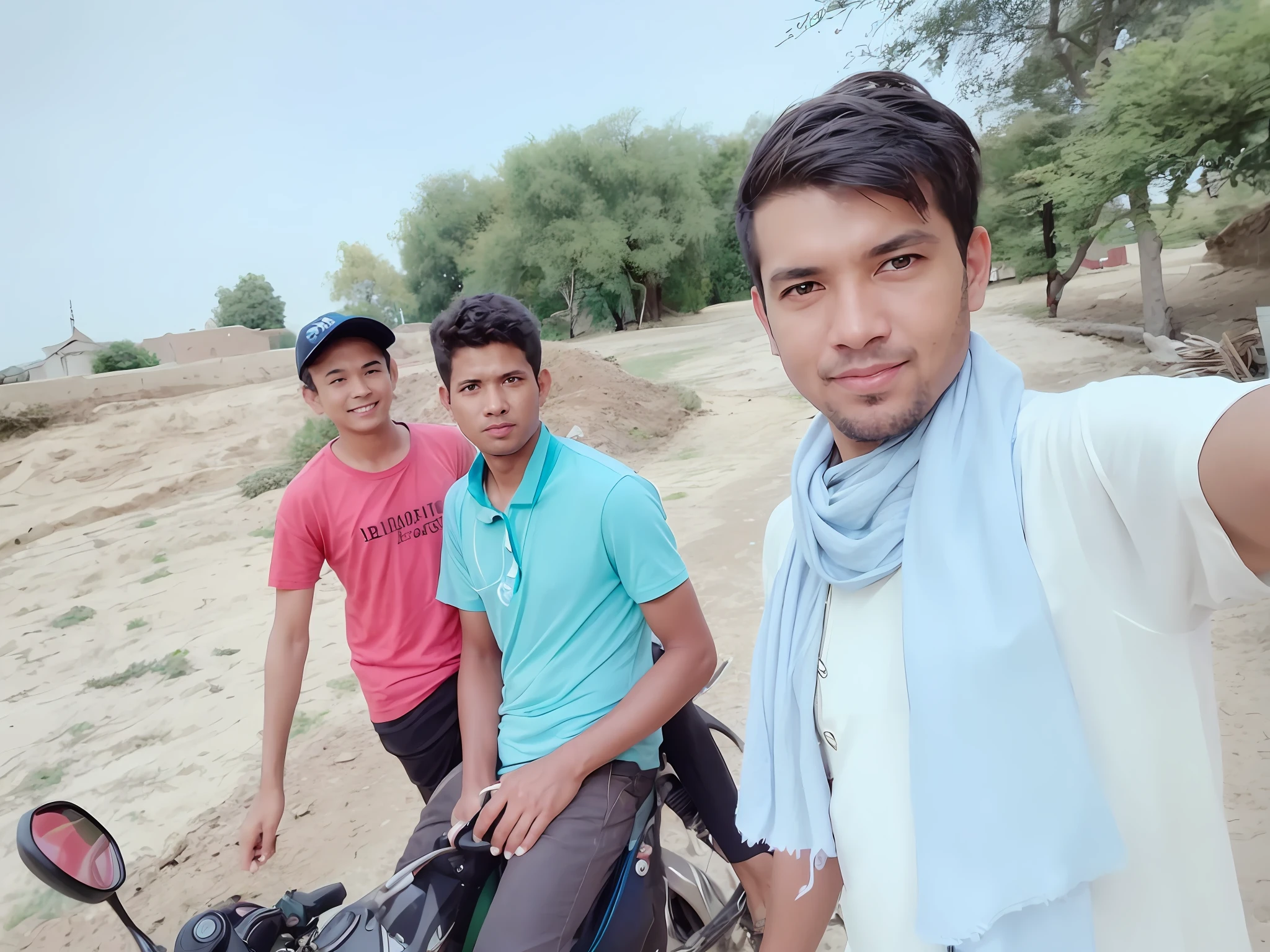 there are three men standing next to each other on a motorcycle, with village, without helmet, selfie photo, candid picture, very very low quality picture, taken with the best dlsr camera, very clear picture, selfie, 8k selfie photograph, photo taken in 2 0 2 0, very accurate photo, in a village, selfie photography, selfie!!!!!, picture