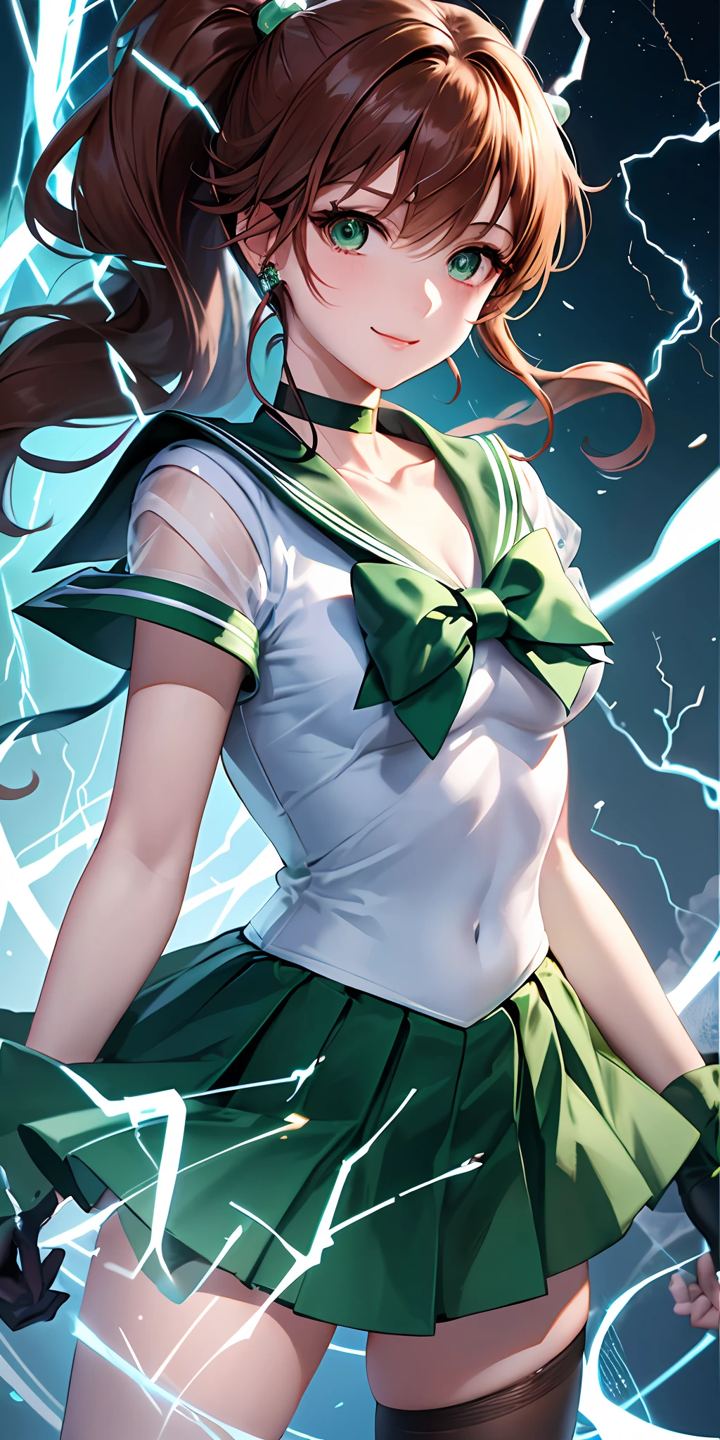 tmasterpiece， best qualtiy， A high resolution， Jupiter 1， 1 rapariga， 独奏， low angles， Sailor Senshi Uniform， the sailor jupiter， Makoto Kino， red brown hair， magical  girl， Green eyes， white  panties， green skirt， gloves on the elbow， head gear， pleatedskirt， Green sailor color， mini-skirts， choker necklace， Lightning background， green choker， whitegloves， pony tails， jewely， 耳Nipple Ring， dynamicposes， Dynamic background， ssmile， 2.0，