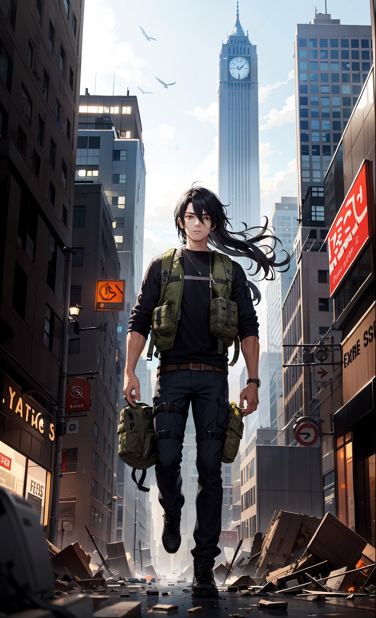 masterpiece, top quality, best quality, (1man), teen man, young man, man of 16, extreme detailed, colorful,highest detailed, black hair, long hair, wavy hair, black eyes, big city, zombies around, backpack, wind, destroyed city, military clothing