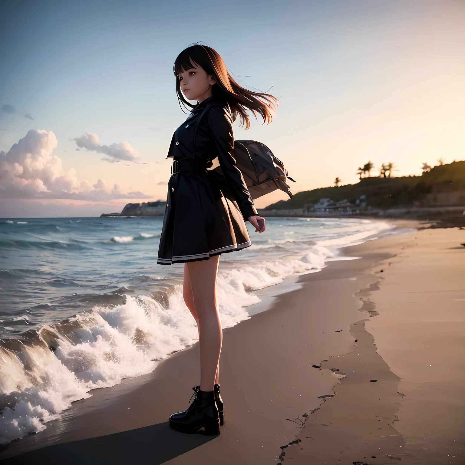 Girl, Futuristic, detailing, hairsh, Developing in the wind, seashore, waves behind the girl, pebble beach, 3d