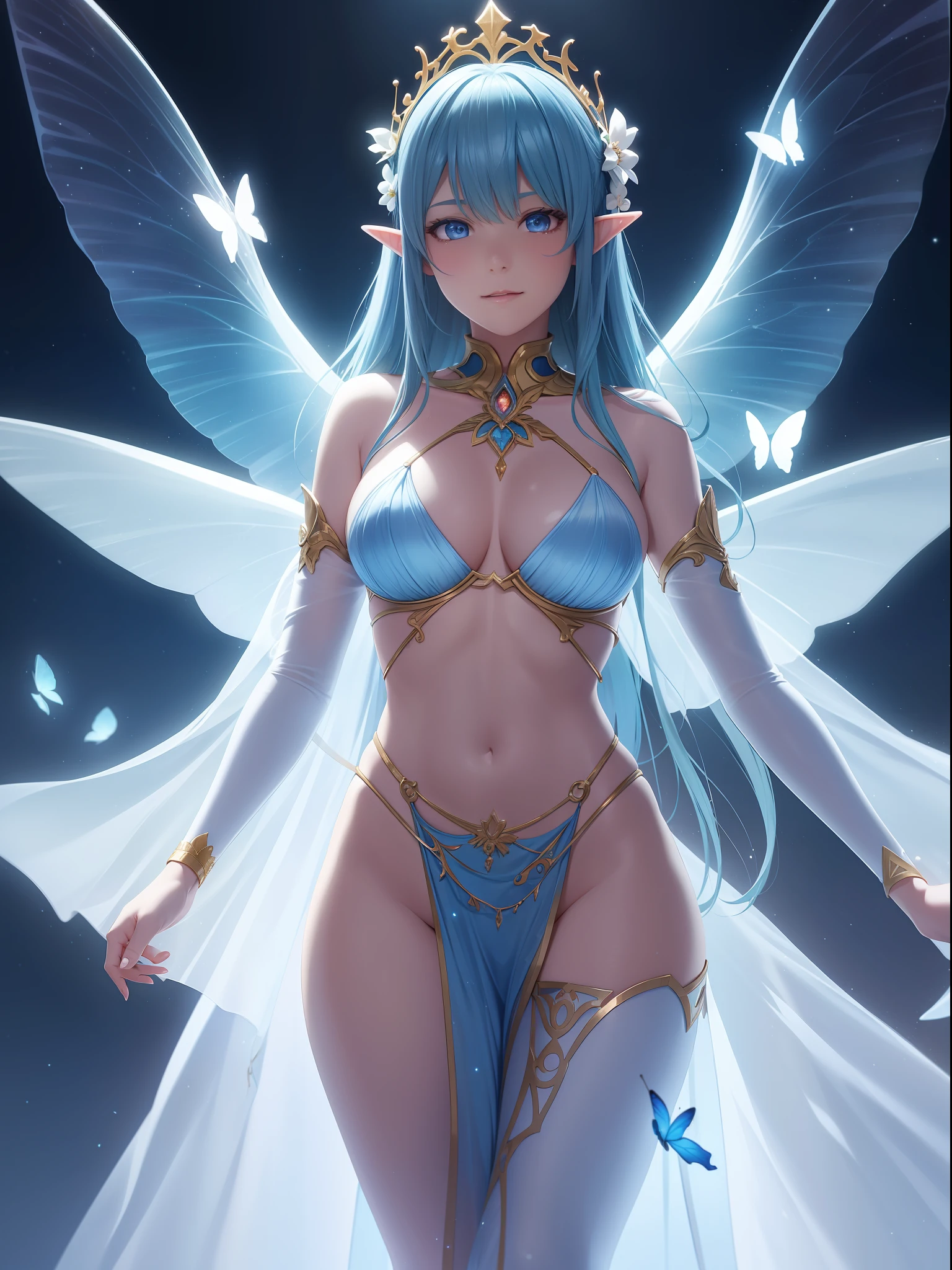 1girll,Cute elves,Winged elves fly through the air,perfect body figure,Translucent body,glowing body,Symmetrical butterfly wings,Translucent wings,glowing stars,Sexy clothes,Beautiful outfit,dreamworld,dynamicposes,rich details,Fairytale world,Fantasy composition,Creative wallpapers,illusory 5,emphasis lighting,The is very detailed的 CG unified 8k 壁纸。