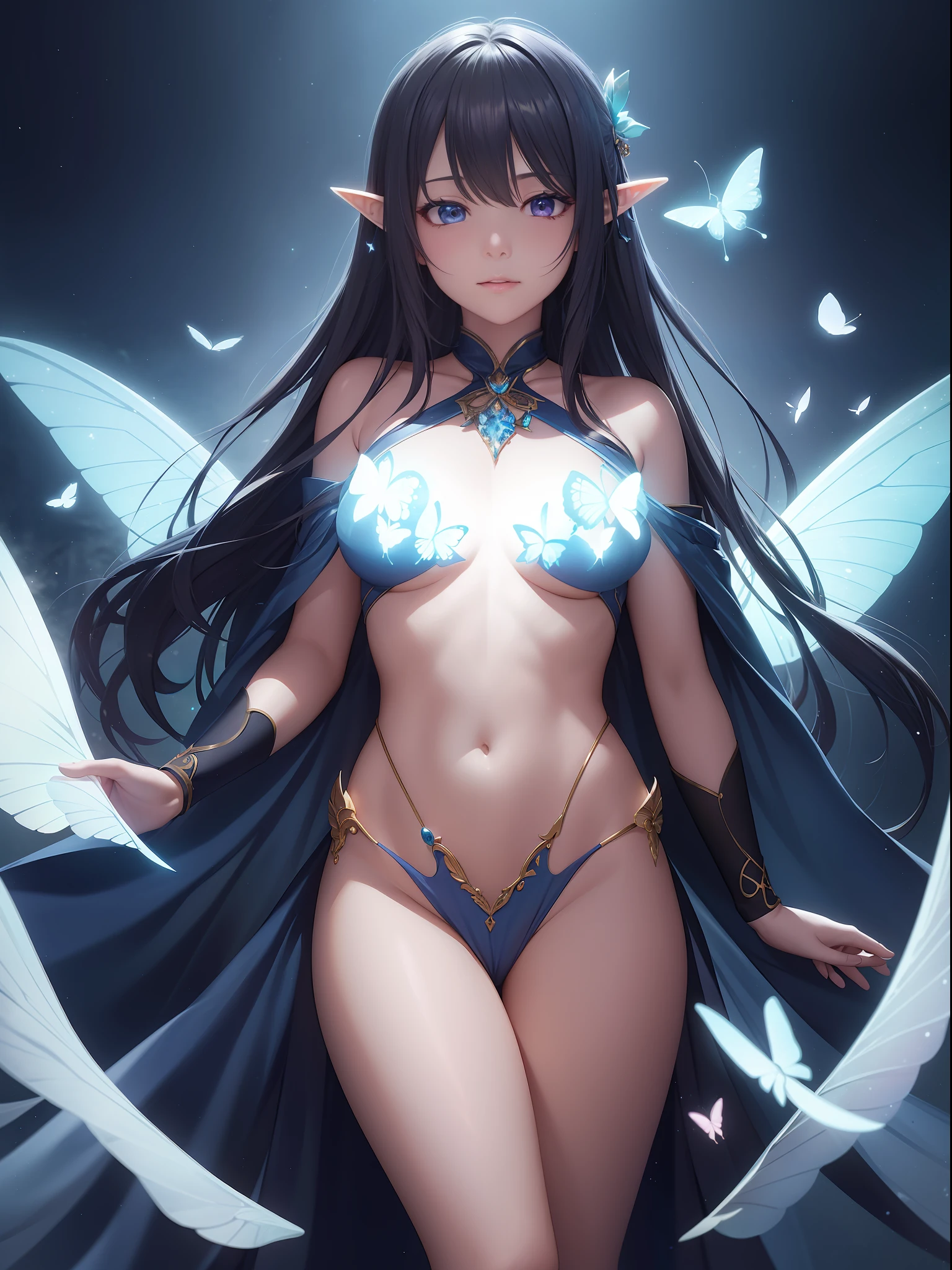1girll，Cute elves，Winged elves fly through the air，perfect body figure，Translucent body，glowing body，Symmetrical butterfly wings，Translucent wings，glowing stars，Sexy clothes，Beautiful outfit，dreamworld，dynamicposes，rich details​，Fairytale world，Fantasy composition，Creative wallpapers，illusory 5，emphasis lighting,The is very detailed的 CG unified 8k 壁纸。