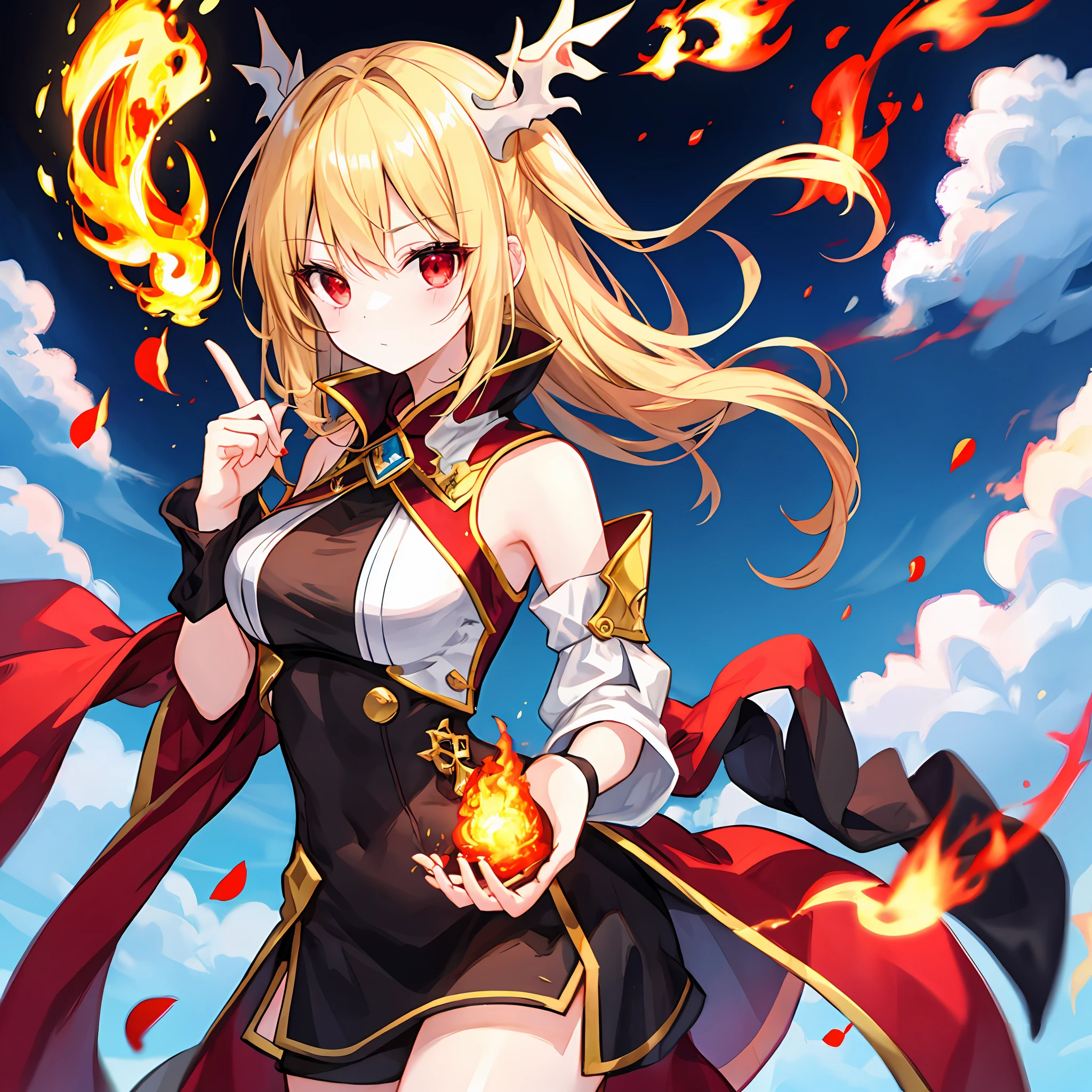 One beautiful blonde girl、red eyes、doress、Flames in the background、Sorcerer、Full of fire