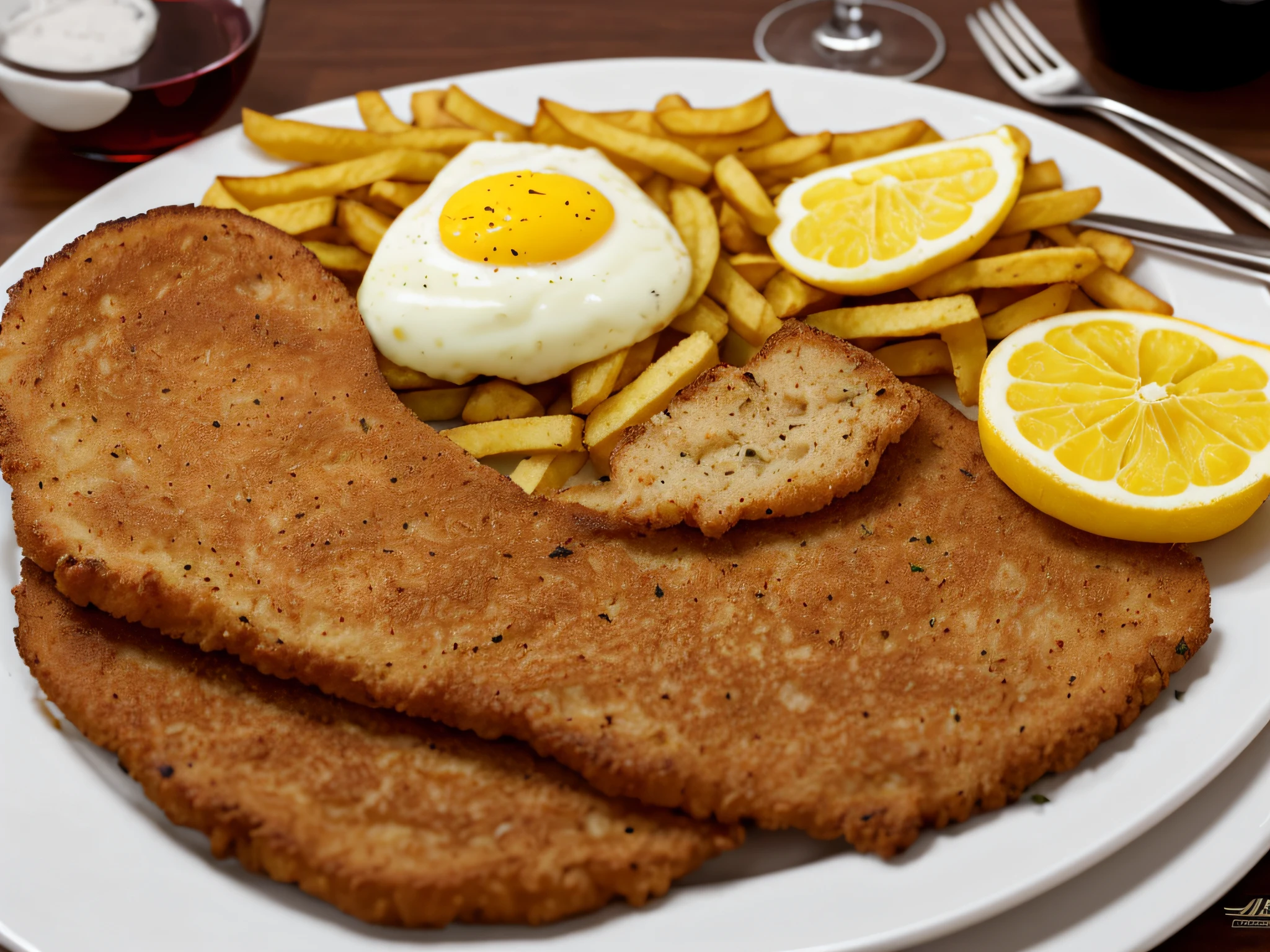 Milanesa napolitana con papas fritas y huevo frito en prime plano comensal, vino y copa en bokeh --auto