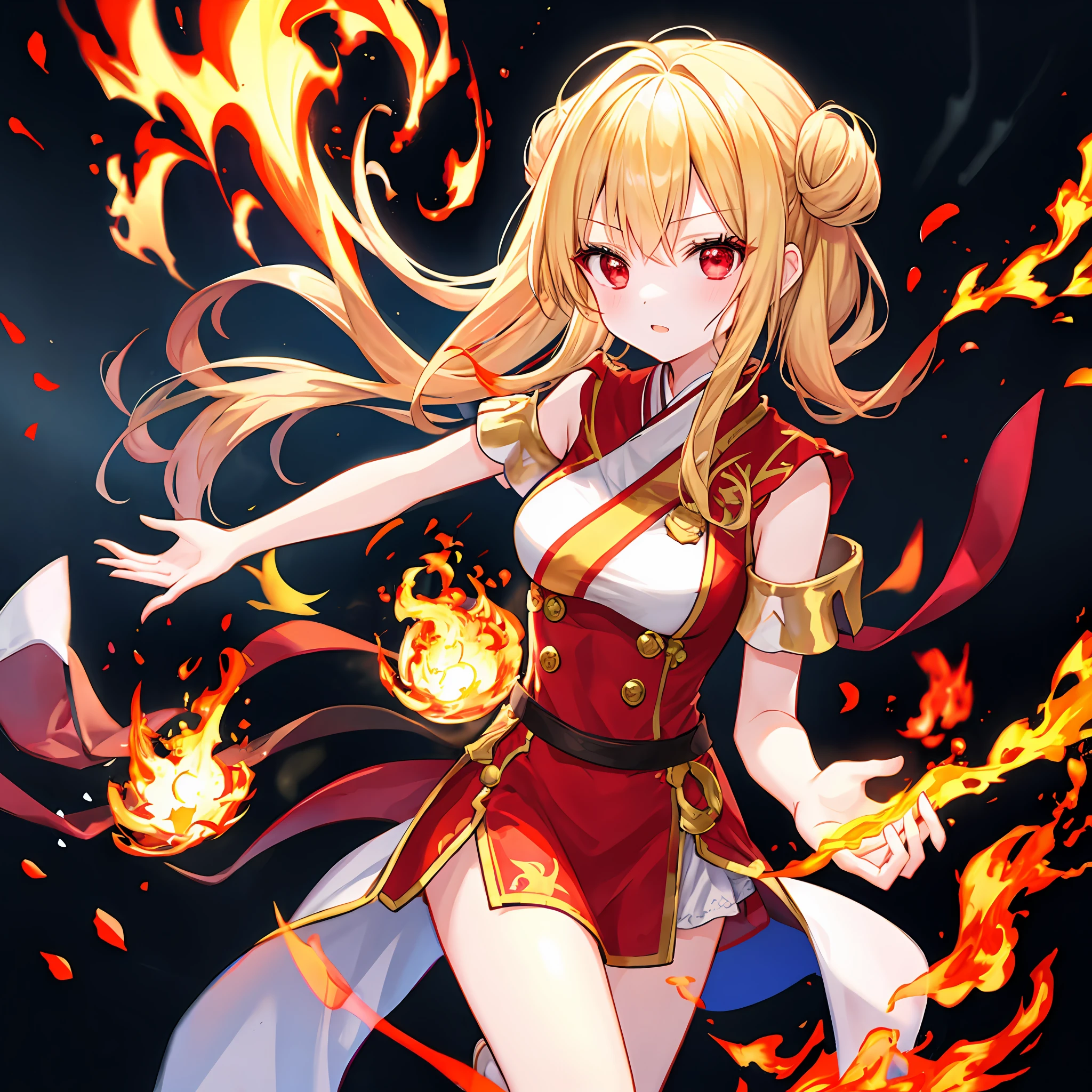 One beautiful blonde girl、red eyes、doress、Flames in the background、Sorcerer、Full of fire