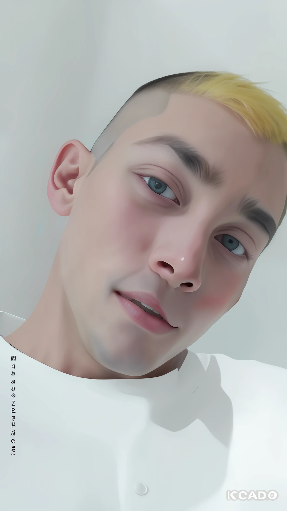 There is a man with yellow hair and a white shirt, tommy 1 6 anos de idade, Menino loiro com olhos amarelos, 1 7 - ano - menino rosto magro, taken in the early 2020s, imagem frontal, 18 anos, ele tem cerca de 20 anos | curto, Twink, foto do snapchat, em torno de 1 9 anos