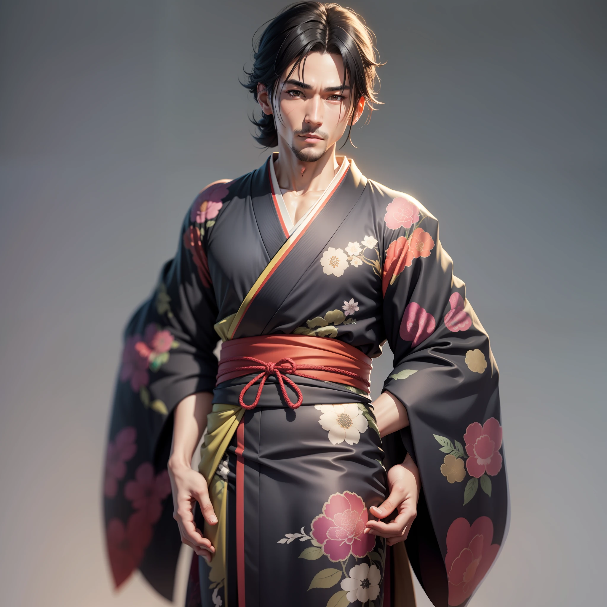 3DCG, unrealengine, Half body shot, Rainbow and black, Japan men in kimono