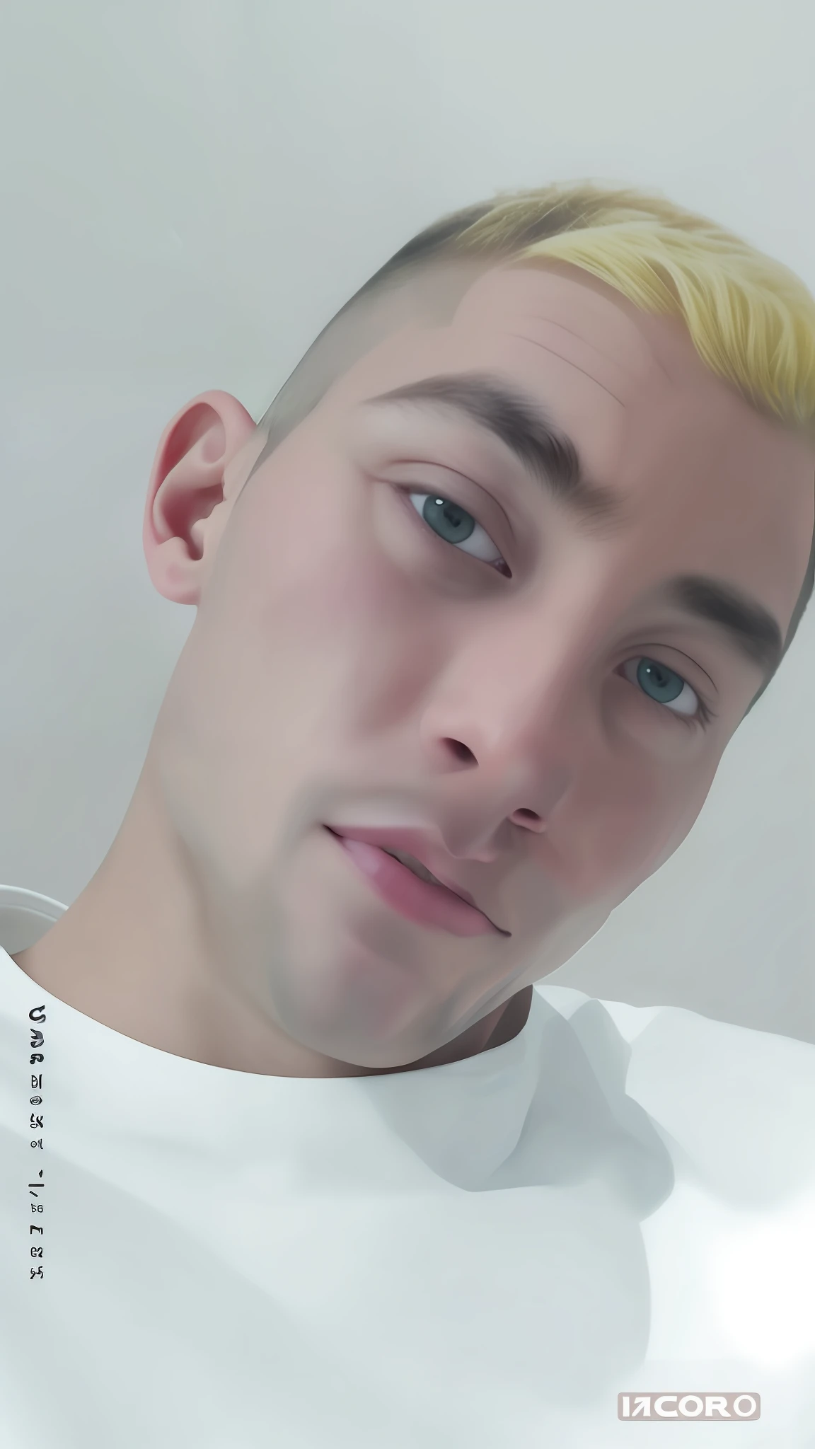 There is a man with yellow hair and a white shirt, tommy 1 6 anos de idade, Menino loiro com olhos amarelos, 1 7 - ano - menino rosto magro, taken in the early 2020s, imagem frontal, 18 anos, ele tem cerca de 20 anos | curto, Twink, foto do snapchat, em torno de 1 9 anos