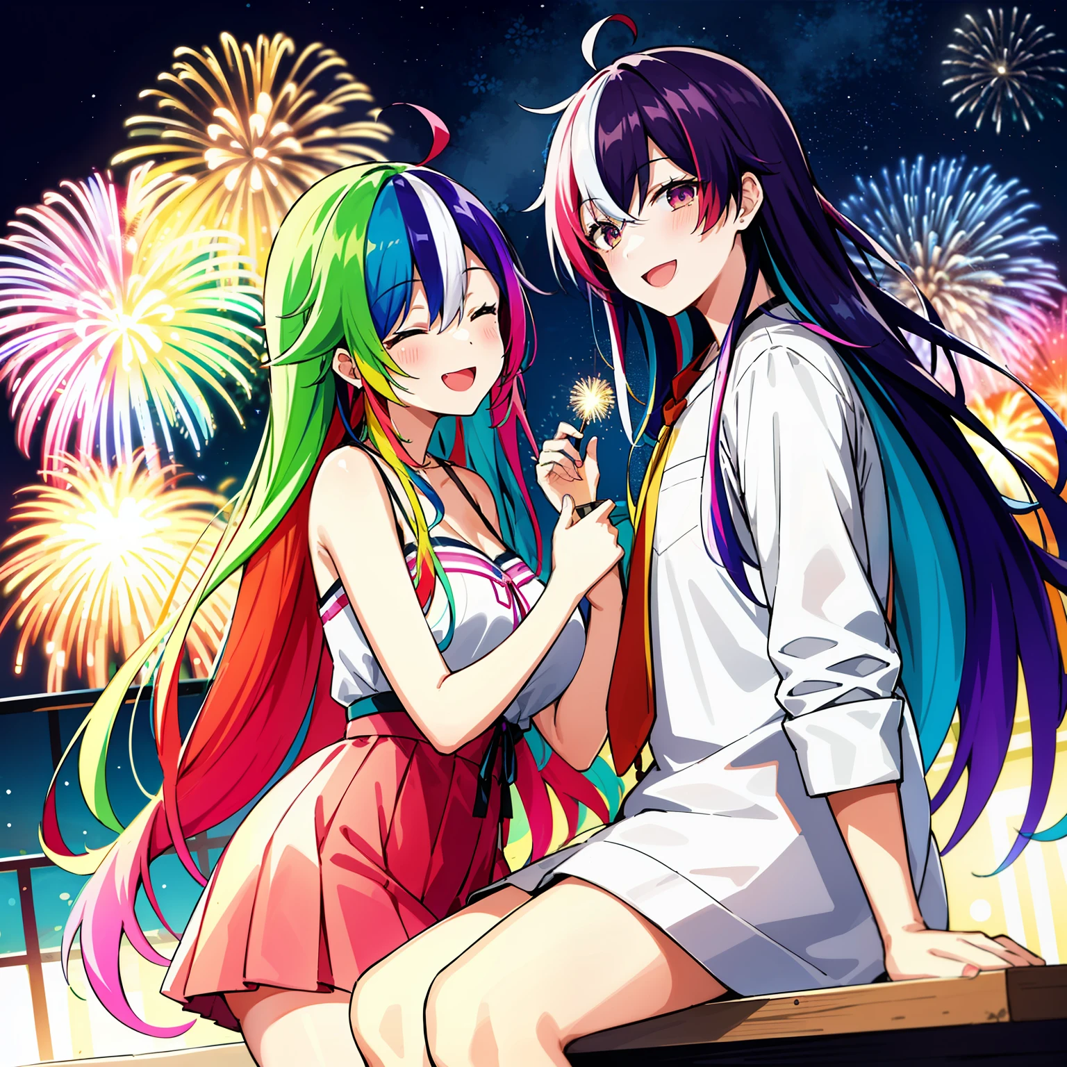 超A high resolution, nffsw, Best aesthetic, Best Quality, masutepiece, a couple,1人の女性, 1 male, The best smile, Smile and close your eyes, Very big mouth smile, rainbow hair, multicolored hair, rainbow eyes, Stalls and fireworks background