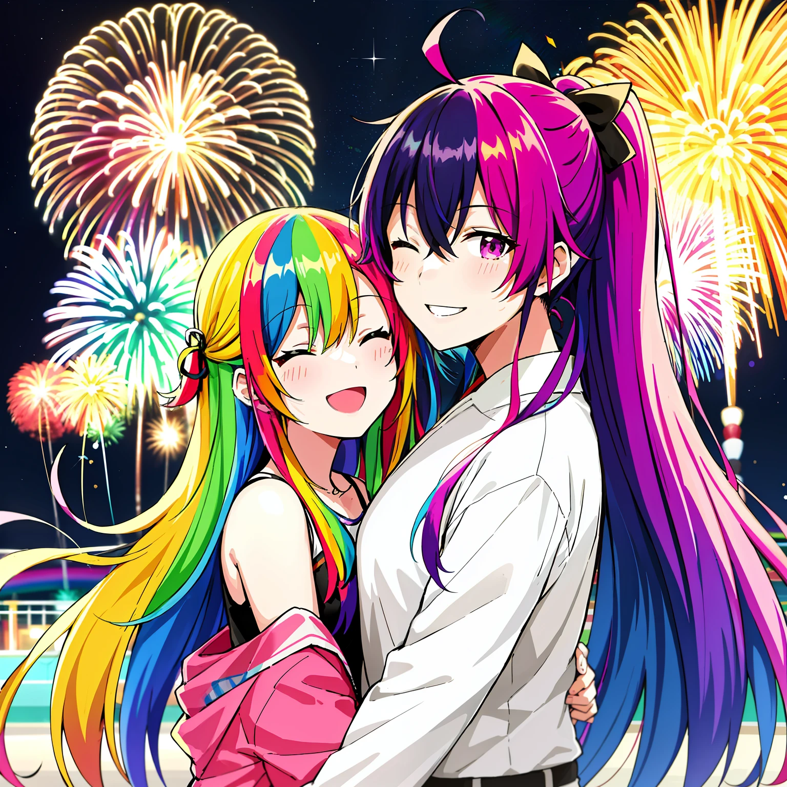 超A high resolution, nffsw, Best aesthetic, Best Quality, masutepiece, a couple,1人の女性, 1 male, The best smile, Smile and close your eyes, Very big mouth smile, rainbow hair, multicolored hair, rainbow eyes, Stalls and fireworks background