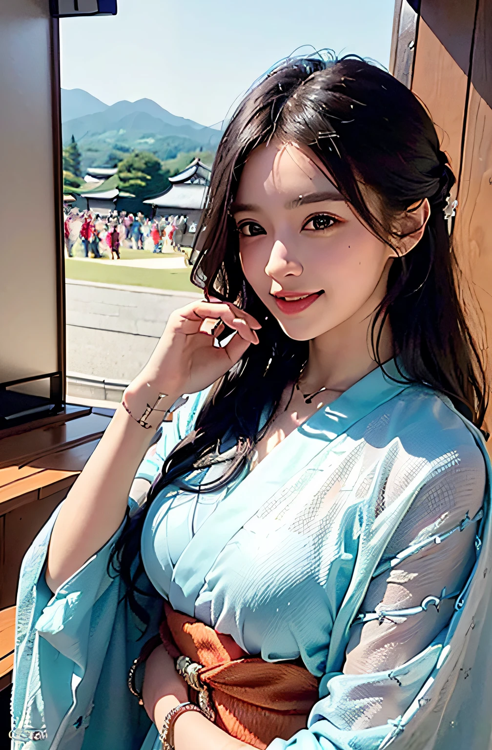 best qualtiy、masterpiece、photoRealstic、intricate-detail、Raw foto、Photon Rendering、Octane Rendering、absurderes、ultra-detailliert、A detailed face、Detailed skin、Trending in art stations、8K Masterpiece、lighting like a movie、( (1girl in))、((独奏) ))、CG Social Trends、Plastic En、((Black Long Hair))、((Beautuful Women))、(A smile)、Upper teeth、Fashionable、Hair that flutters in the wind、((Flowing hair))、fashion magazine、((A sexy))、((lighting like a movie)、((indirect lighting)、、(ssex)、Grinning、(View from a distance)、((Festival of Japan))、