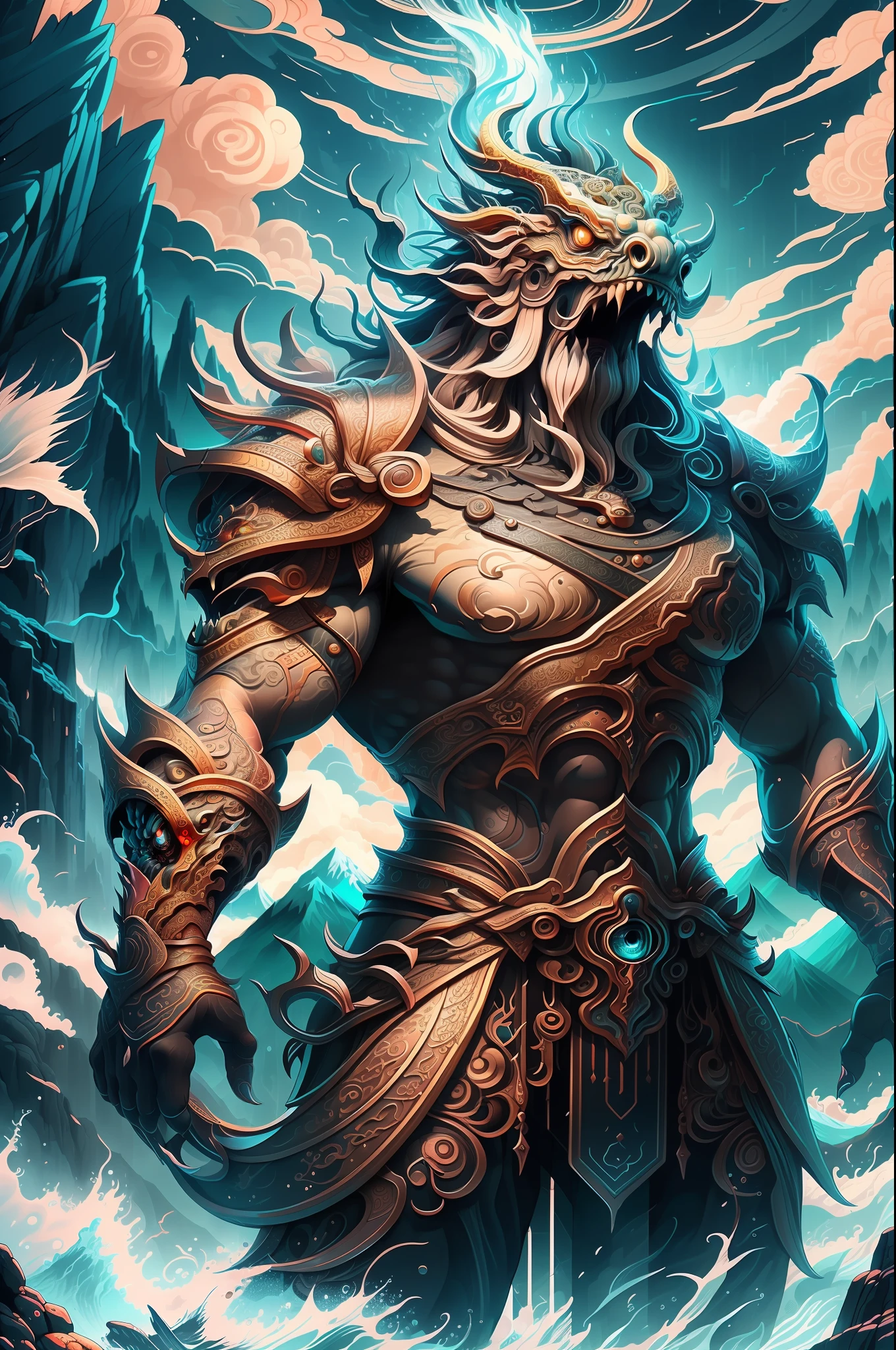 highly detailed fantasy art,Mountains and seas pass monsters,Fantasy setting,1 Chinese mythical beasts,Super burly,highly details eye,详细的脸,Intricate openwork pattern armor,Thick hairs flying,dynamicposes,Full of imagination,white backgrounid,tmasterpiece,best qualtiy,Best resolution,Strong visual impact,8K