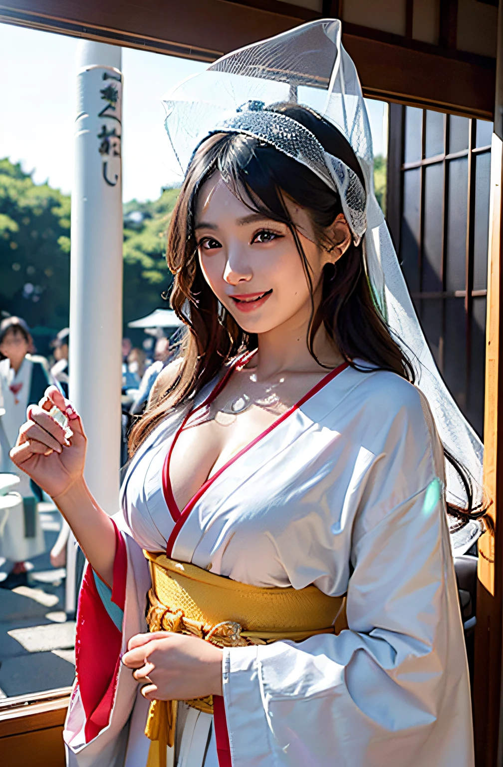 best qualtiy、​masterpiece、photoRealstic、intricate-detail、Raw foto、Photon Rendering、Octane Rendering、absurderes、ultra-detailliert、A detailed face、Detailed skin、Trending in art stations、8K Masterpiece、lighting like a movie、( (1girl in))、((独奏) ))、CG Social Trends、Plastic En、((Black Long Hair))、((Beautuful Women))、(A smile)、Upper teeth、Fashionable、Hair that flutters in the wind、((Flowing hair))、fashion magazine、((A sexy))、((lighting like a movie)、((indirect lighting)、、(ssex)、Grinning、(View from a distance)、((Festival of Japan))、