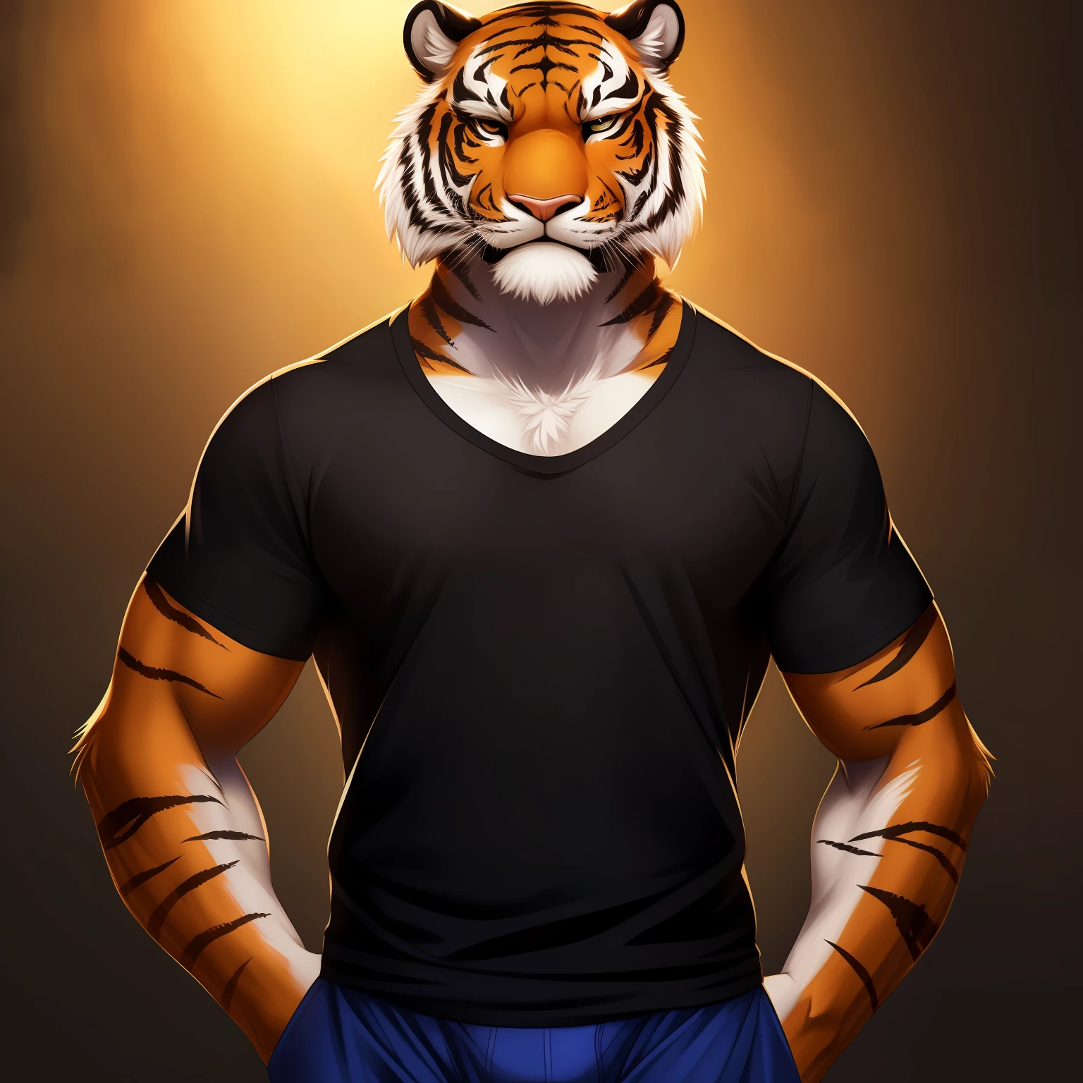 (high resolution illustration, best quality) Tiger Boxer standing, pose de luta, camera front, camiseta preta, serious face.