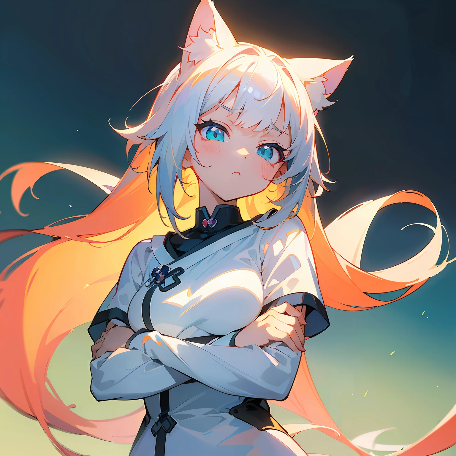 ((masterpiece)), (best quality), ((Anime style 4k)), ((Anime girl with arms crossed)), White Cat Girl, (Cat ears), ((8K Anime Art Wallpapers)), ((Guviz-style artwork)).